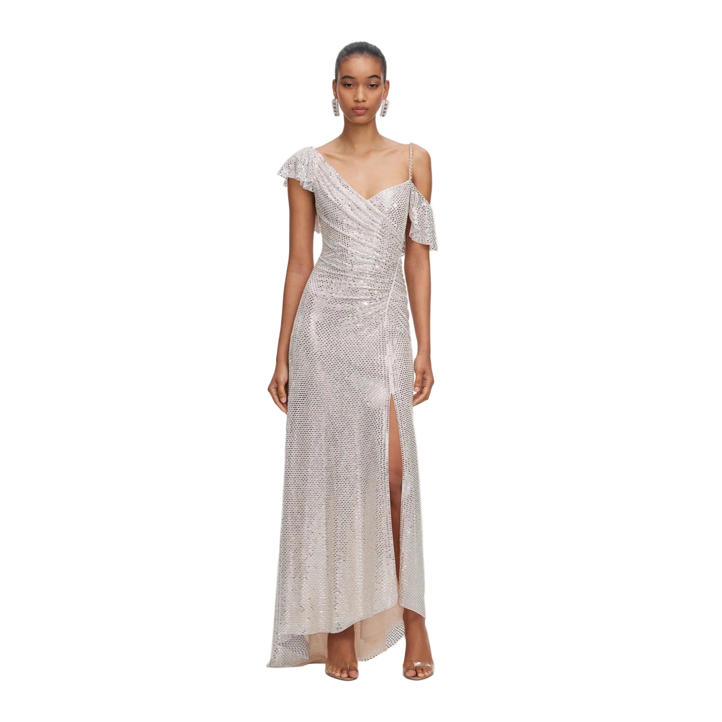 Champagne Rhinestone Ruffle Draped Maxi Dress