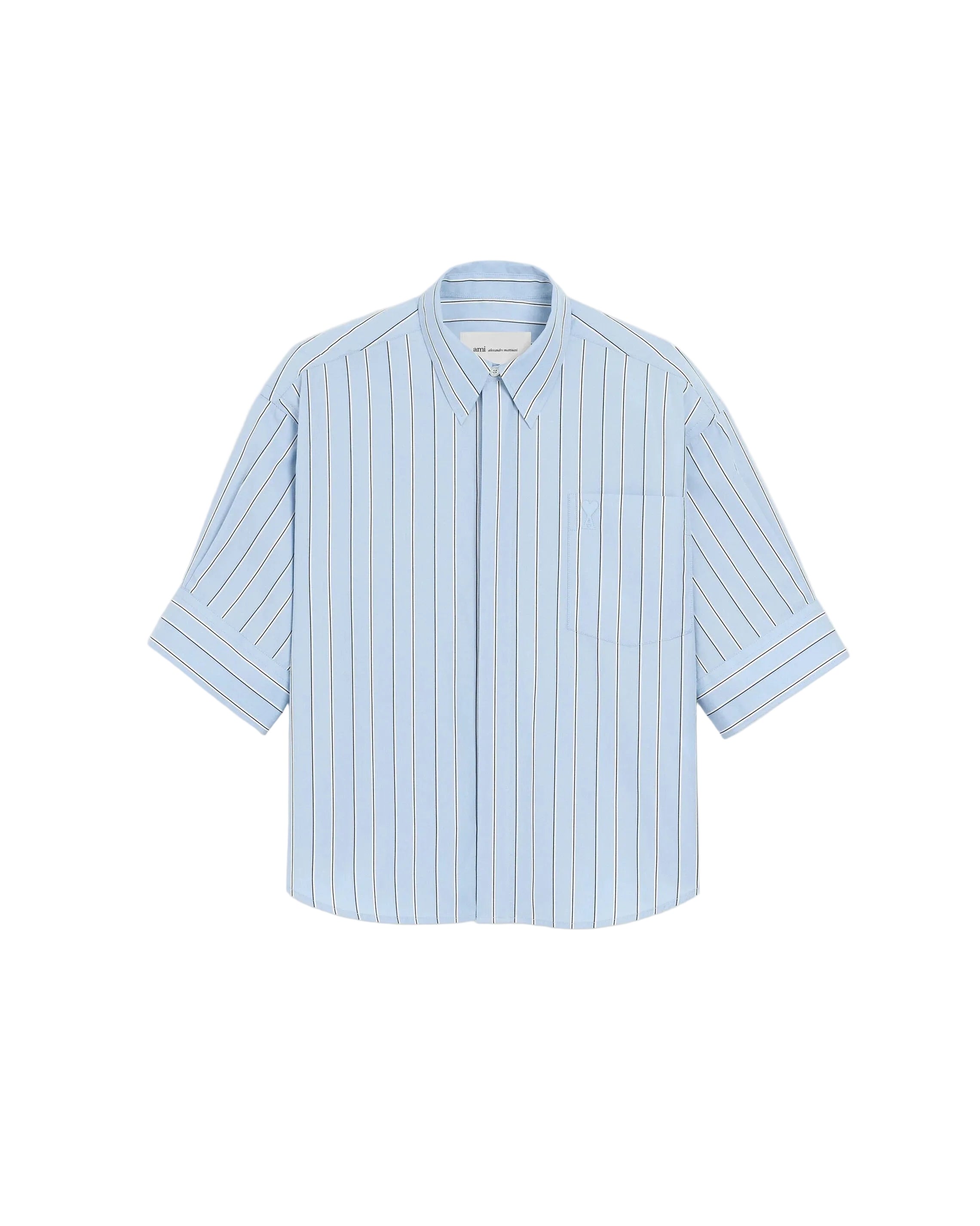 Blue large striped cotton short-sleeve shirt with embossed logo