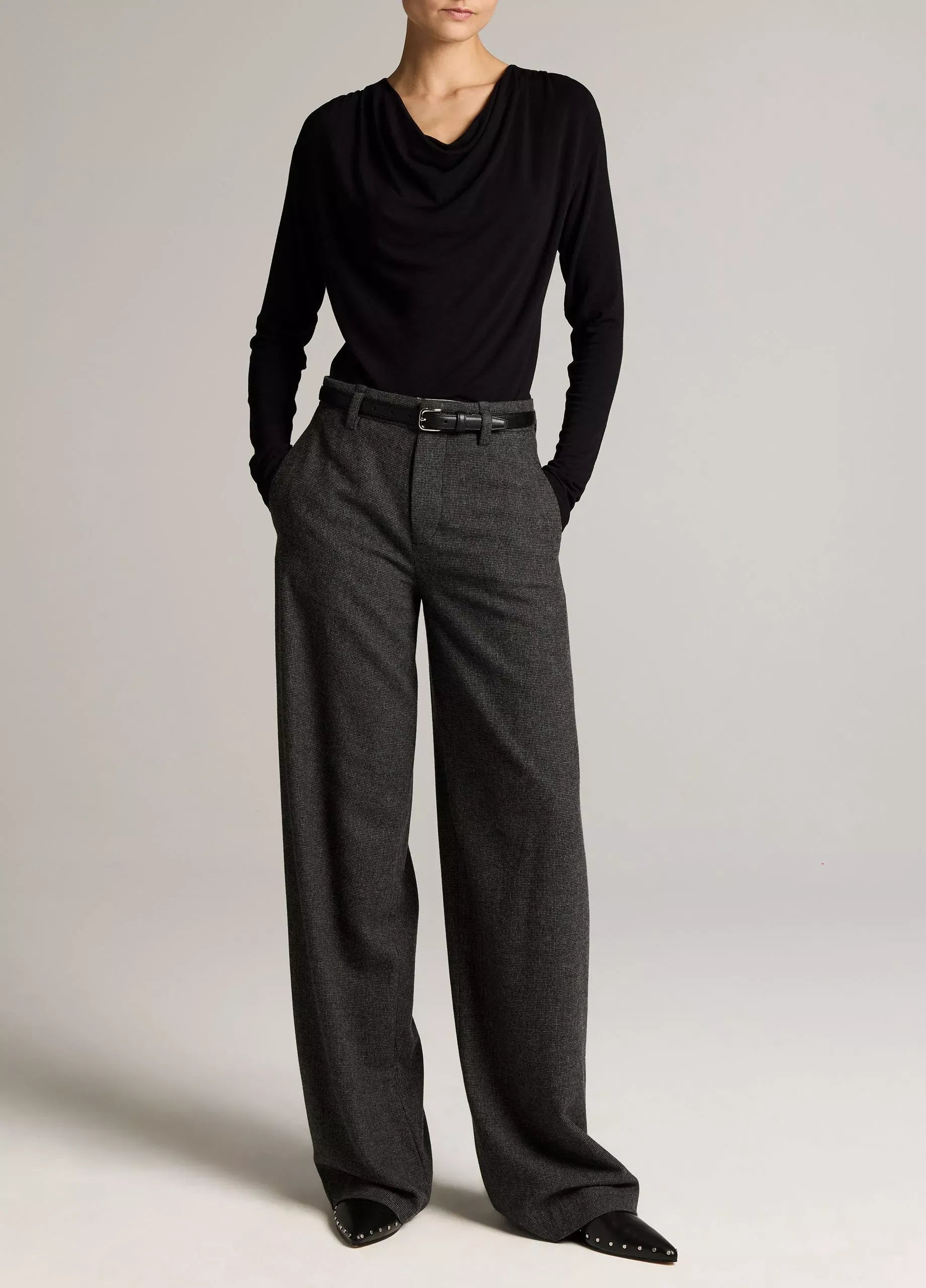 Jersey draped cowl-neck long-sleeve top-VINCE-Verso