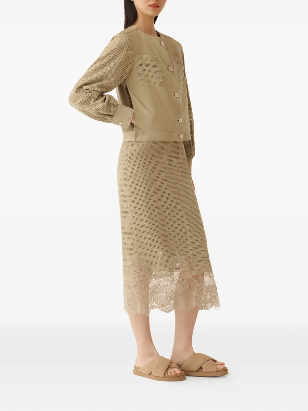Lace-detail perforated midi skirt-FABIANA FILIPPI-Verso