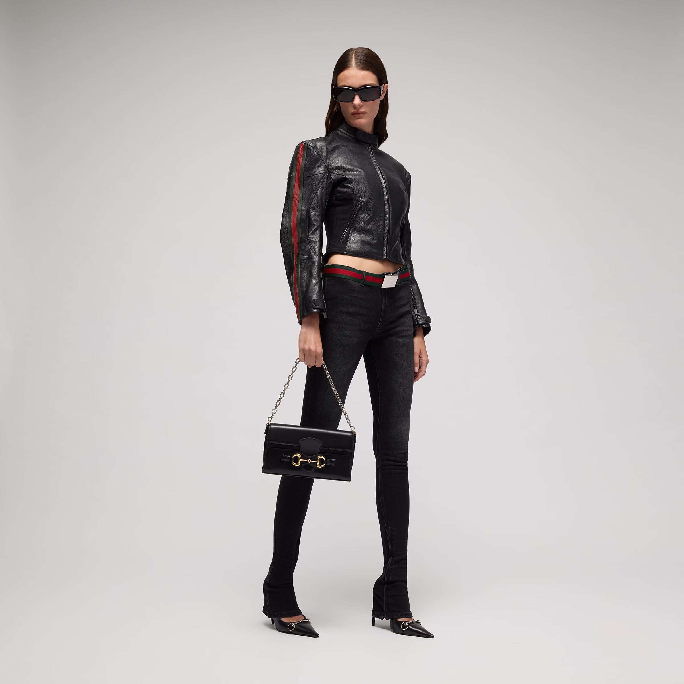 Leather Biker Jacket with Web-GUCCI-Verso