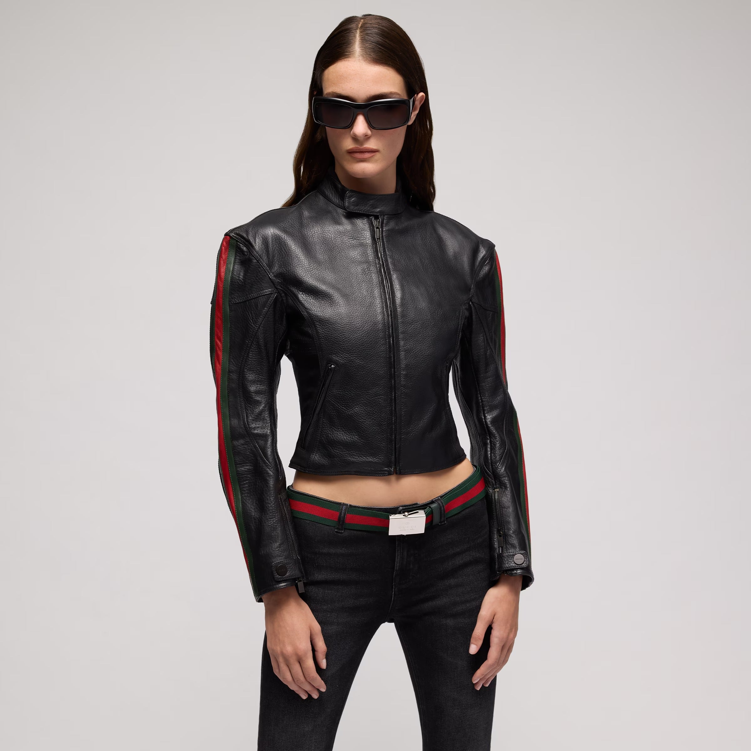 Leather Biker Jacket with Web-GUCCI-Verso