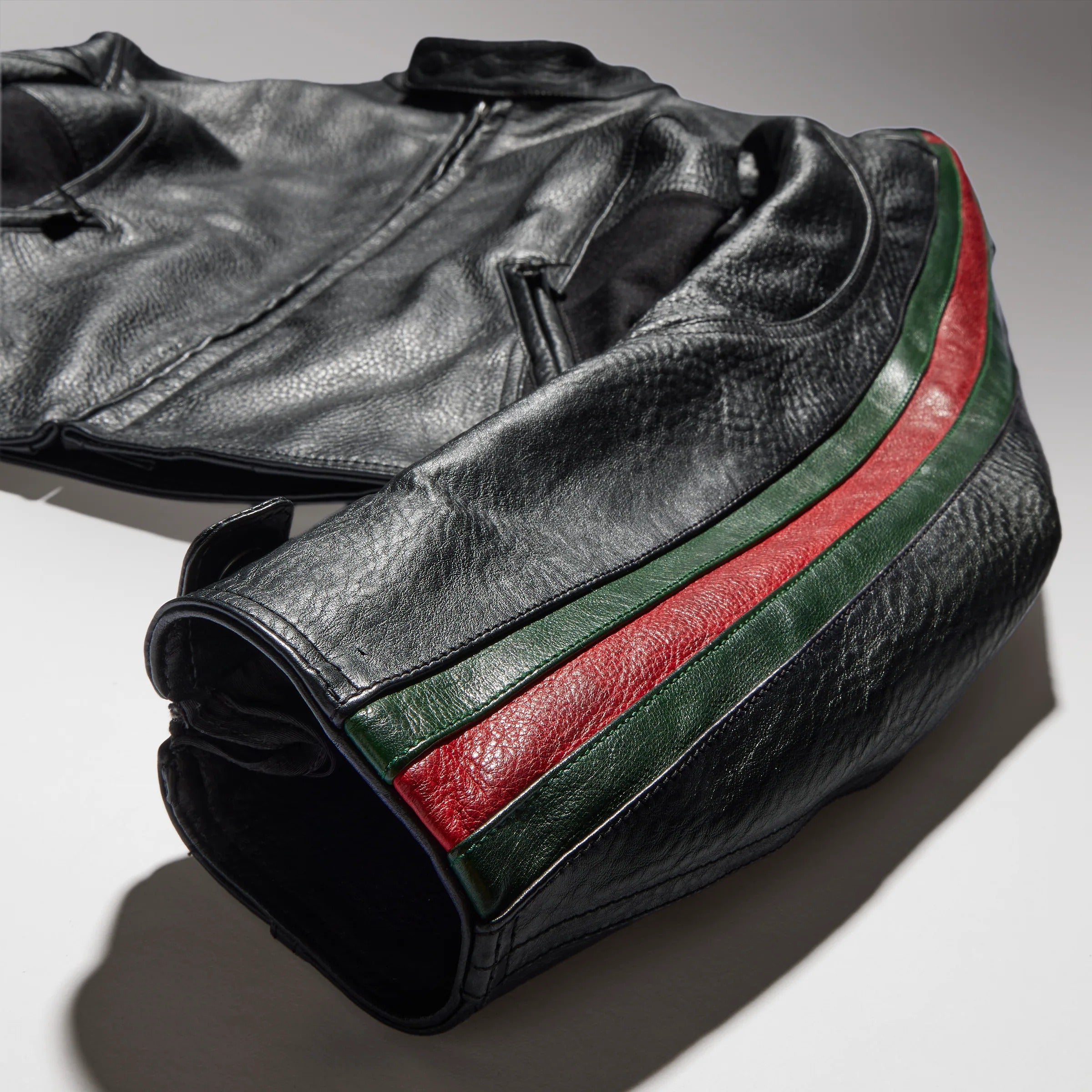 Leather Biker Jacket with Web-GUCCI-Verso