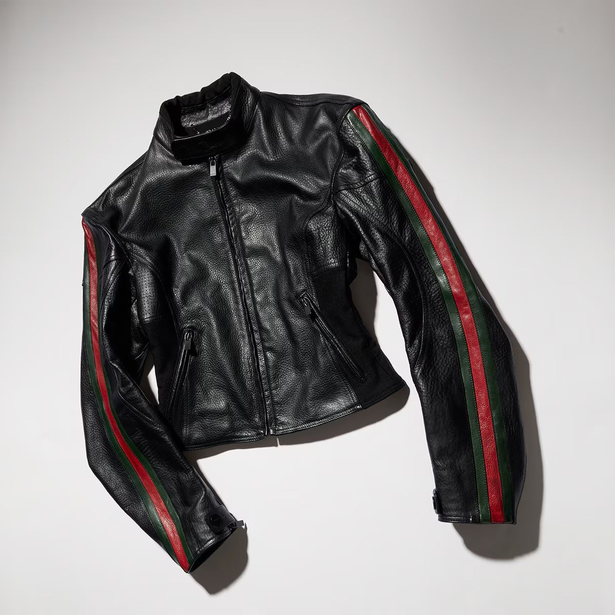 Leather Biker Jacket with Web-GUCCI-Verso