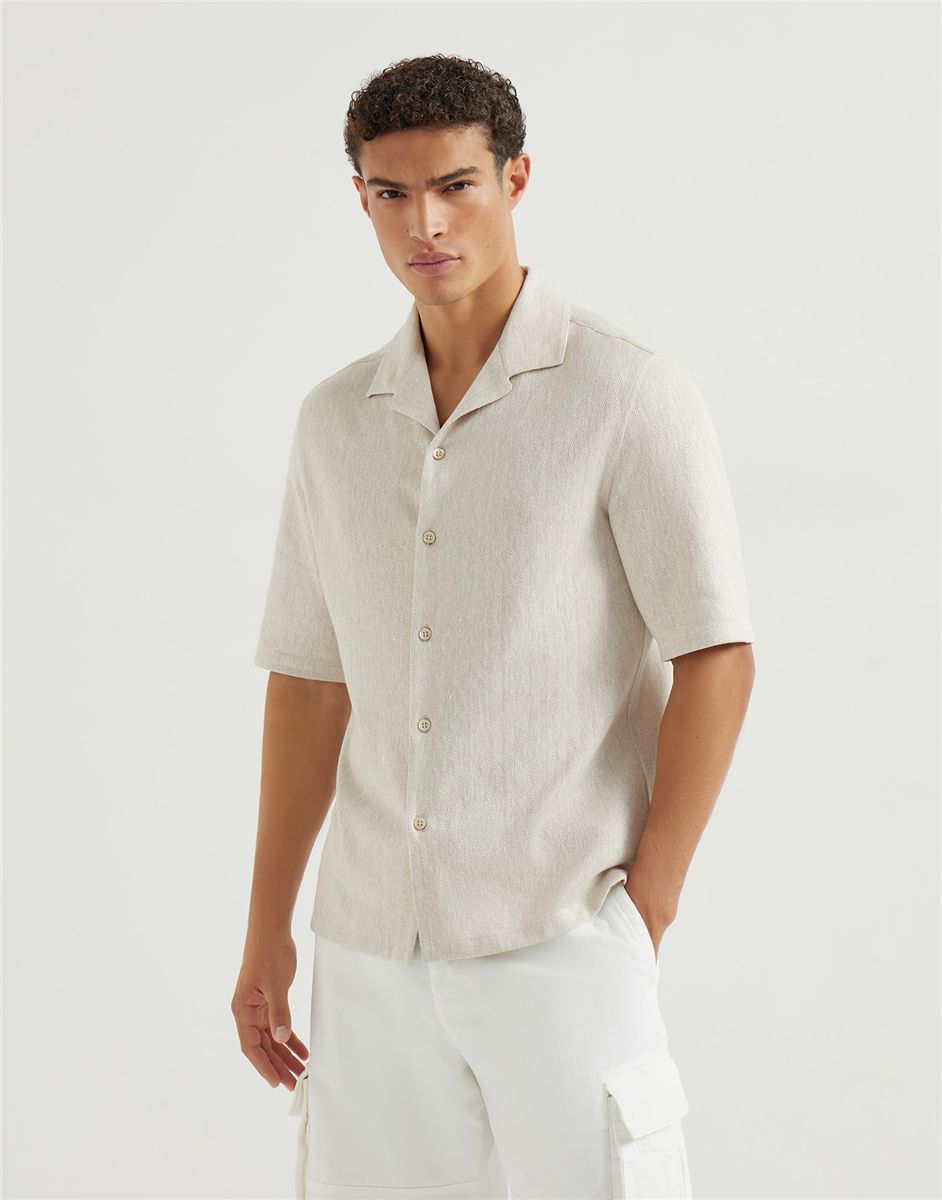 Linen and cotton chevron jersey short sleeve shirt with camp collar-BRUNELLO CUCINELLI-Verso