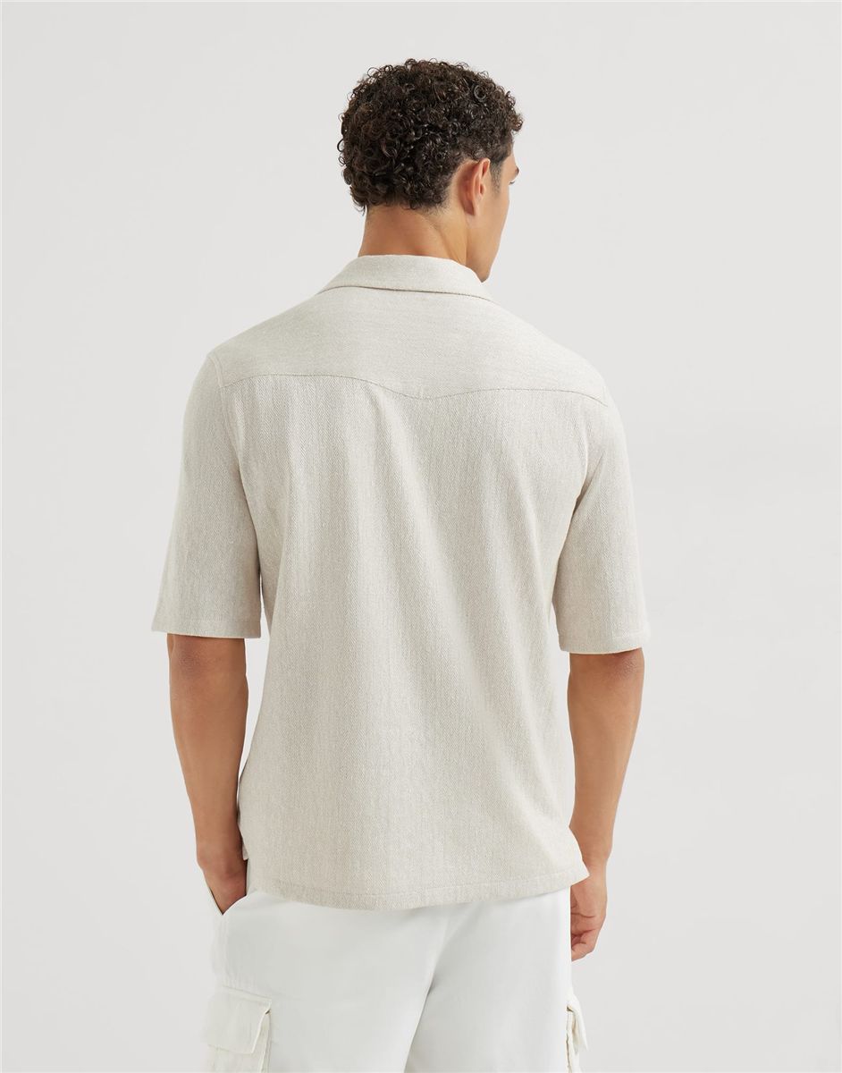 Linen and cotton chevron jersey short sleeve shirt with camp collar-BRUNELLO CUCINELLI-Verso