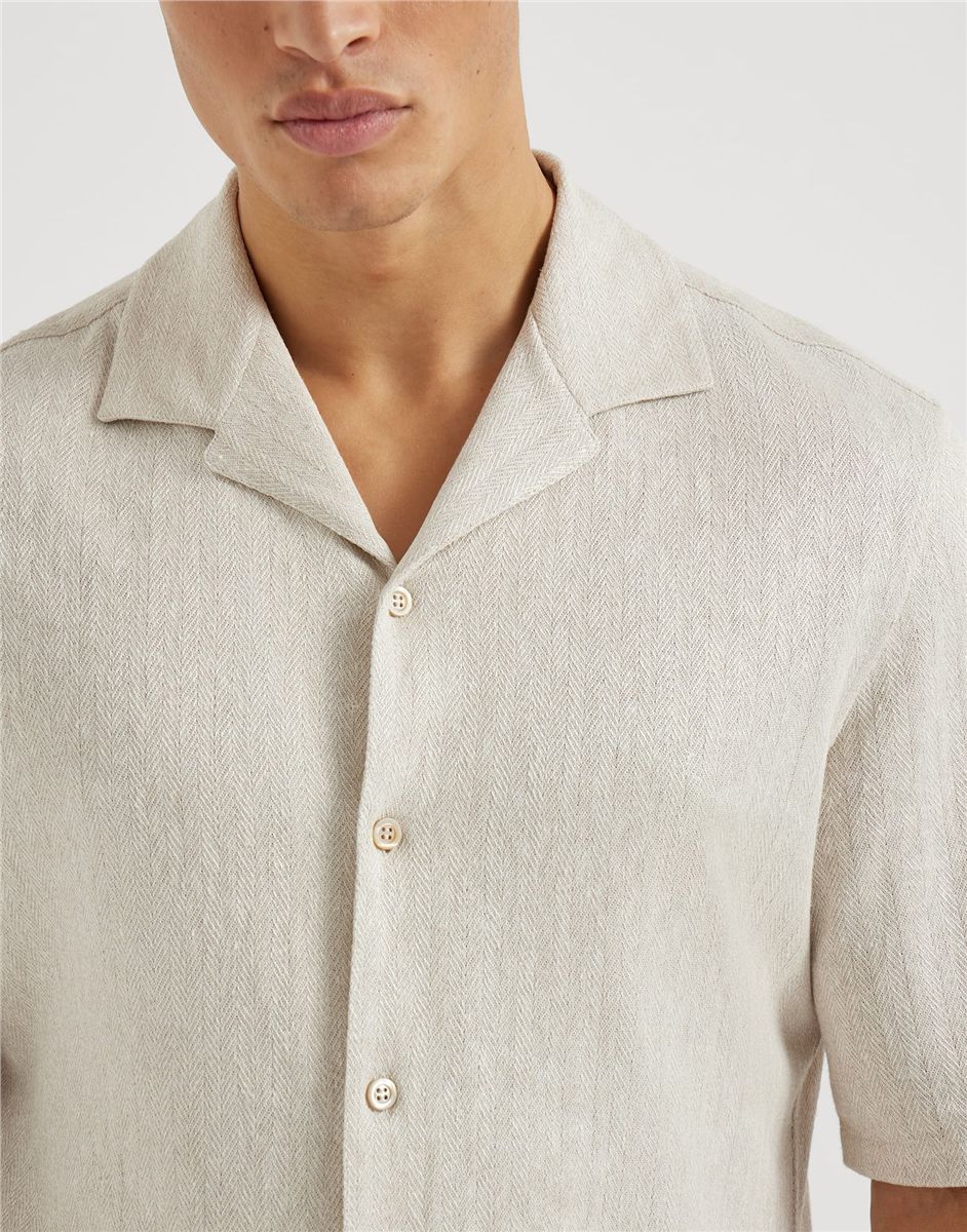 Linen and cotton chevron jersey short sleeve shirt with camp collar-BRUNELLO CUCINELLI-Verso