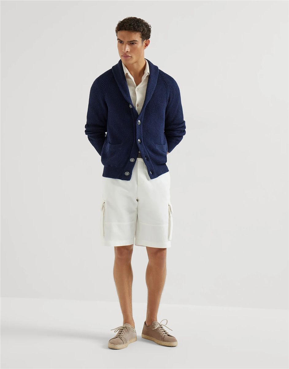 Linen and cotton chevron jersey short sleeve shirt with camp collar-BRUNELLO CUCINELLI-Verso
