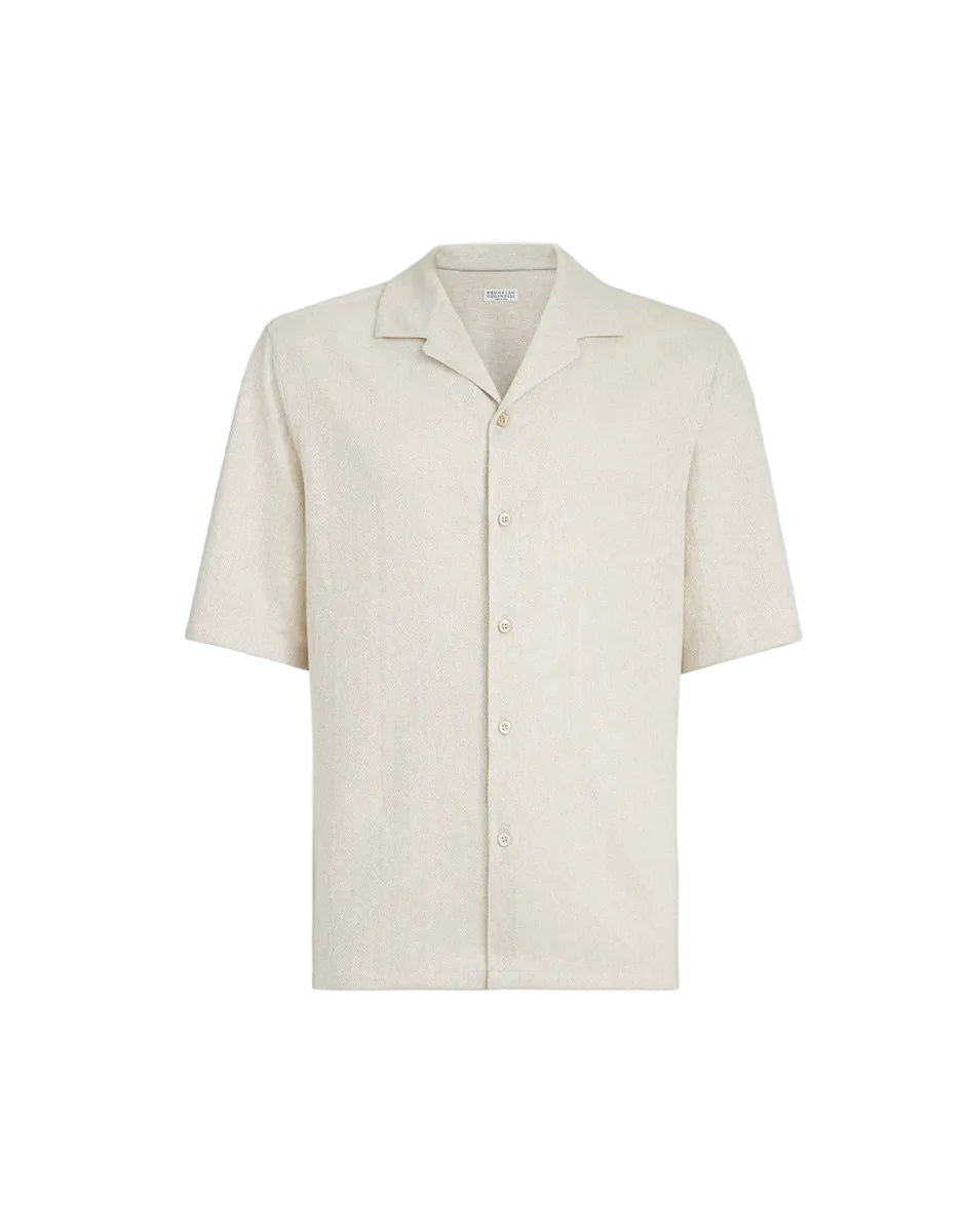 Linen and cotton chevron jersey short sleeve shirt with camp collar-BRUNELLO CUCINELLI-Verso