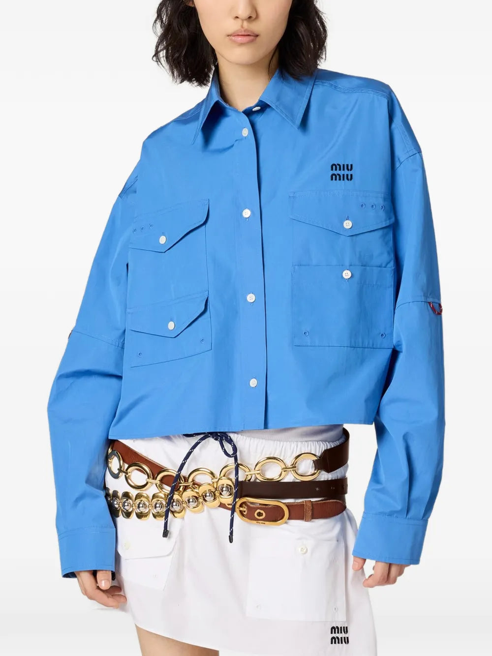 Logo-embroidered front-pockets shirt-MIU MIU-Verso