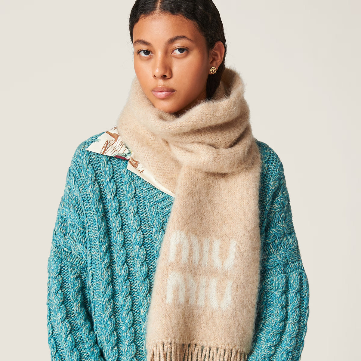 Logo-Jacquard Fringed Scarf-MIU MIU-Verso