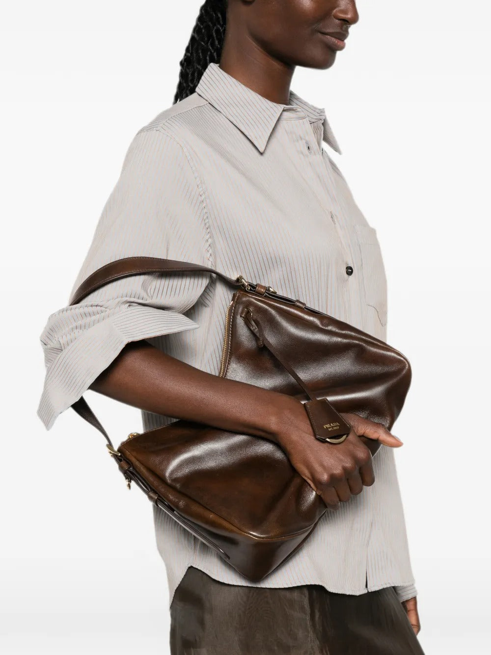 Logo-lettering leather shoulder bag-PRADA-Verso