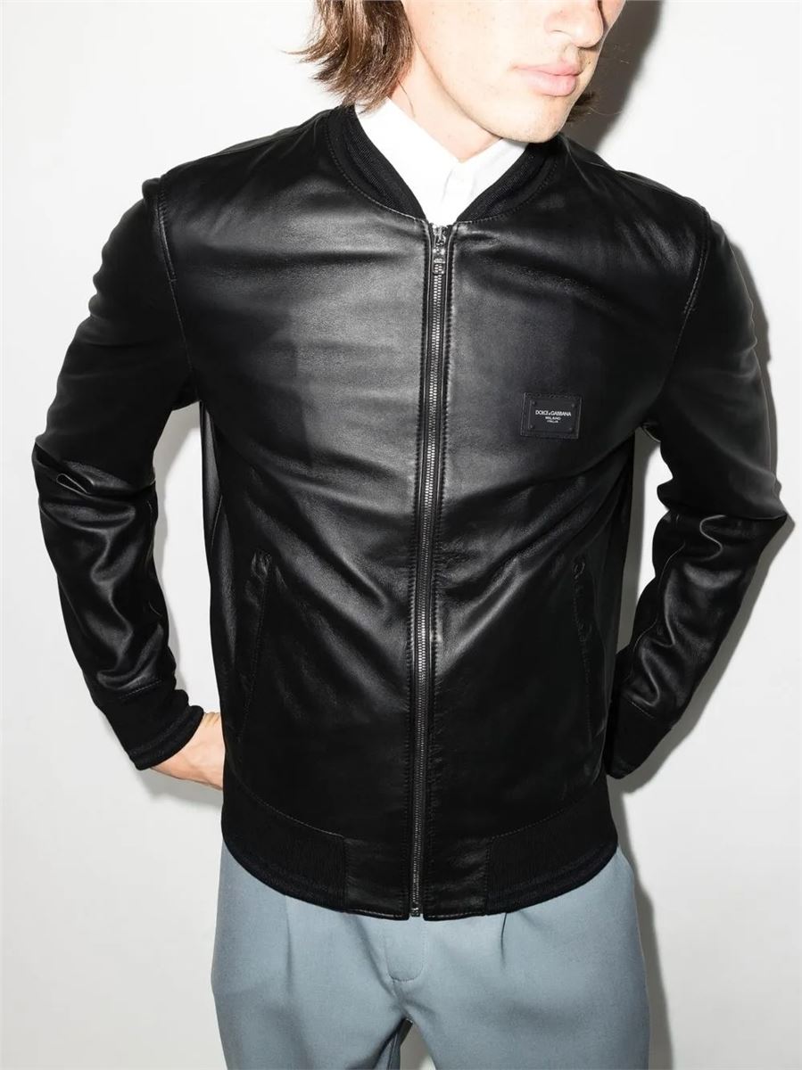 Logo-plaque leather bomber jacket-DOLCE & GABBANA-Verso