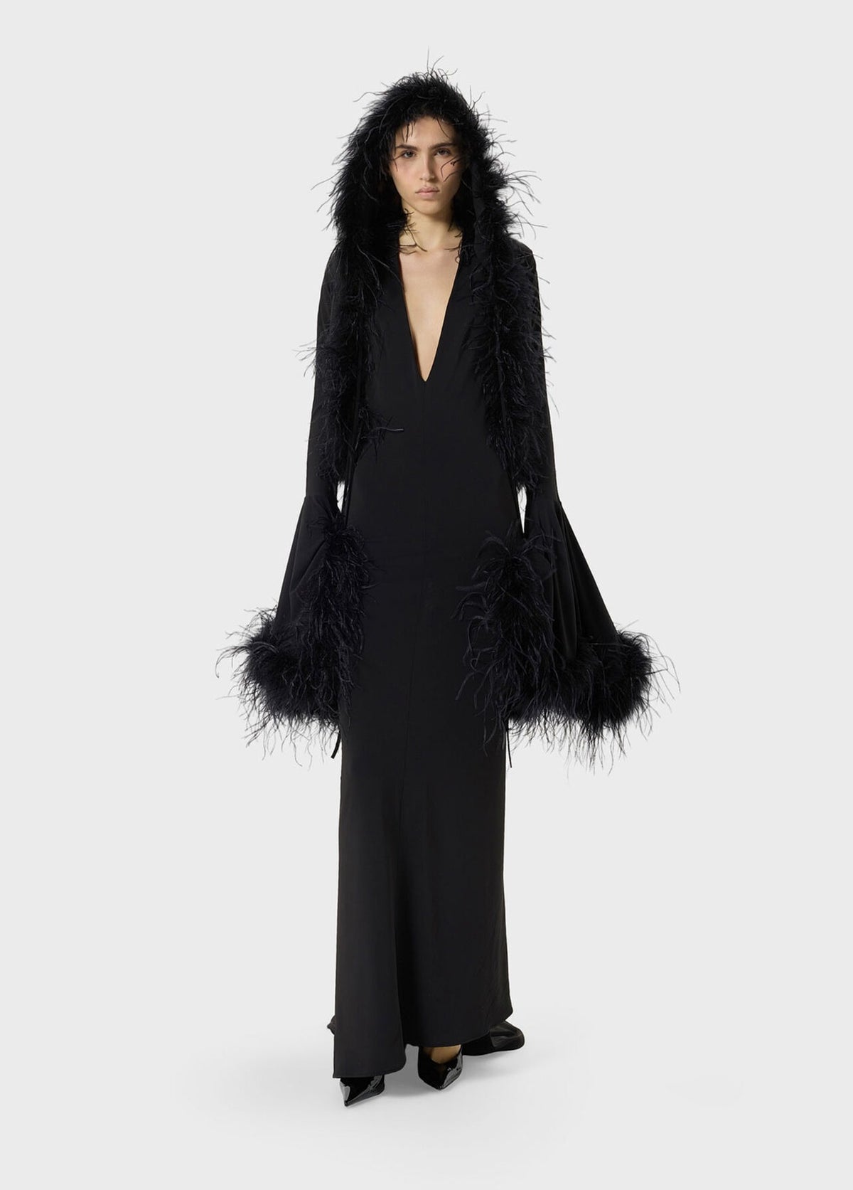 Long Jersey Dress with Deep Neckline and Marabou Details-BLUMARINE-Verso