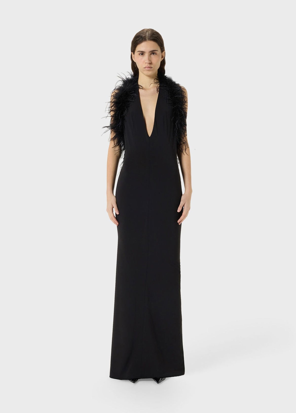 Long Jersey Dress with Deep Neckline and Marabou Details-BLUMARINE-Verso