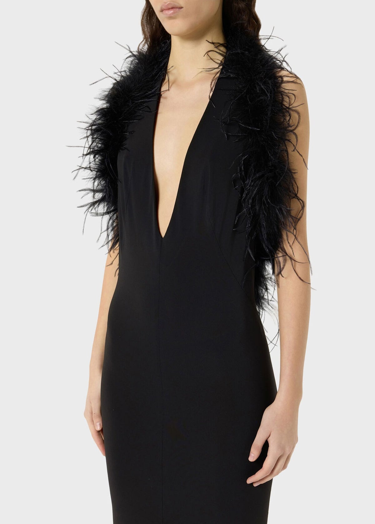 Long Jersey Dress with Deep Neckline and Marabou Details-BLUMARINE-Verso