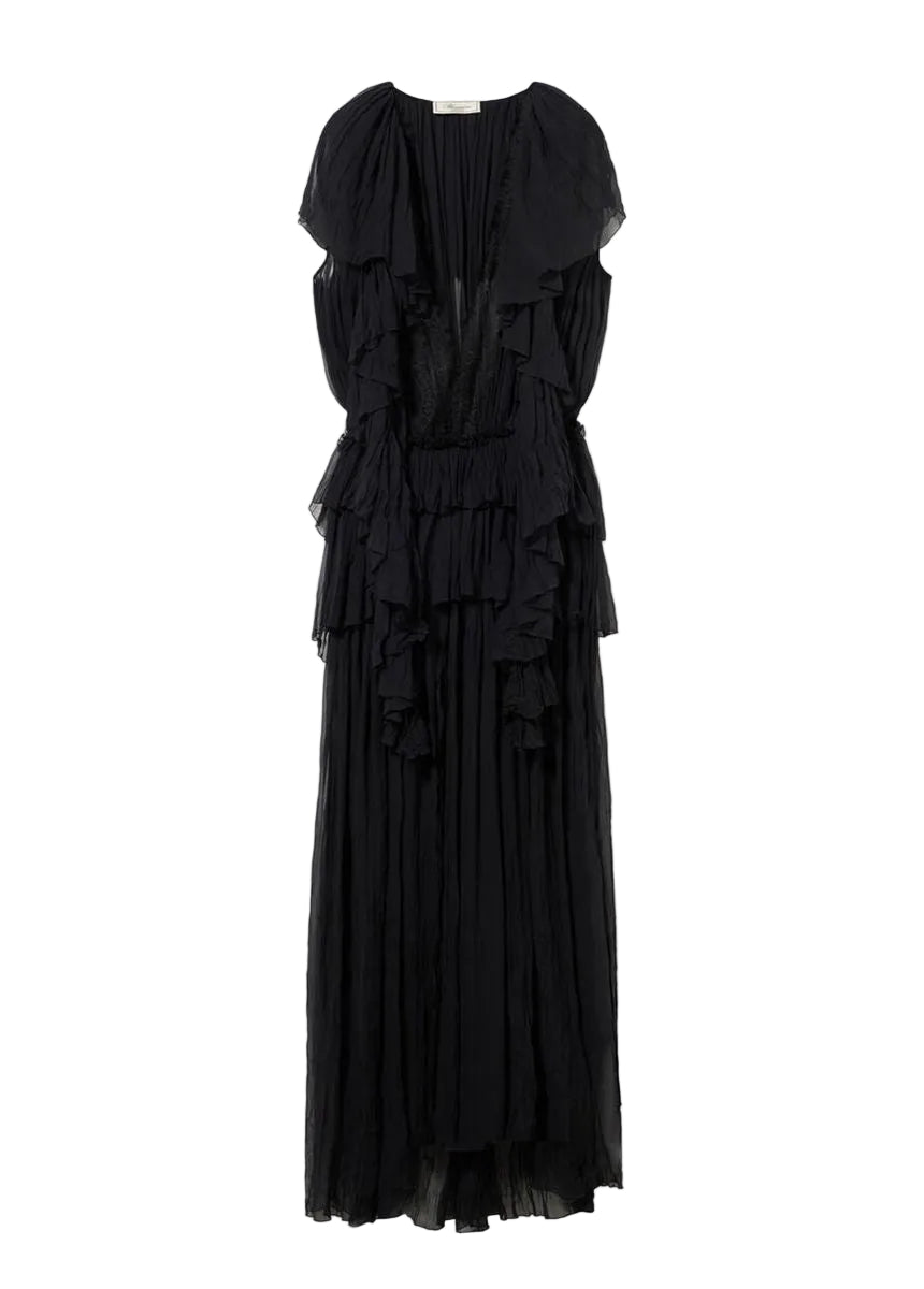 Long pleated georgette dress with lace insert-BLUMARINE-Verso