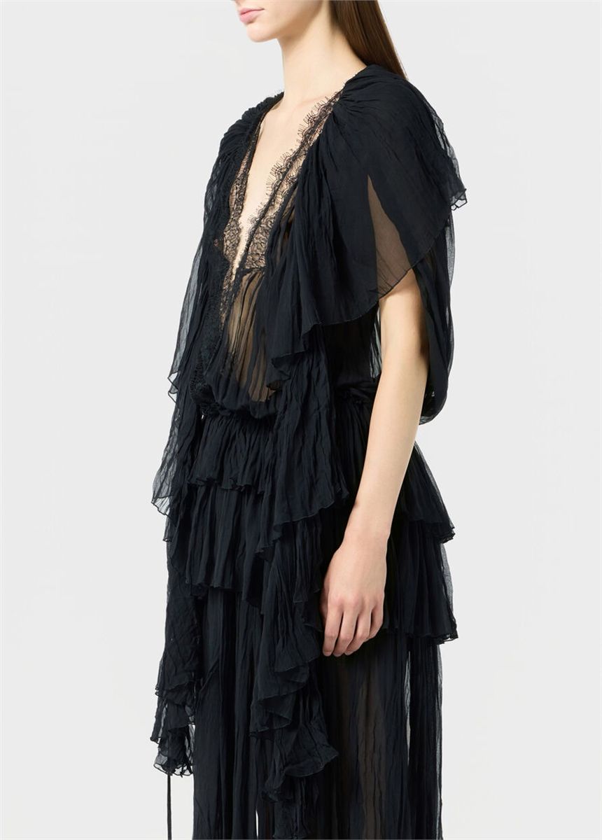 Long pleated georgette dress with lace insert-BLUMARINE-Verso