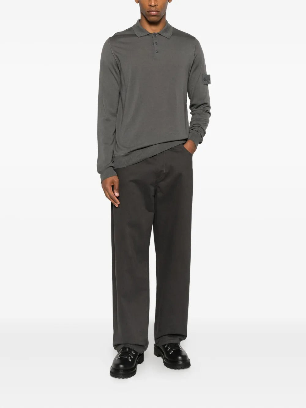 Long-sleeve Polo Jumper with Ribbed Trims-STONE ISLAND-Verso