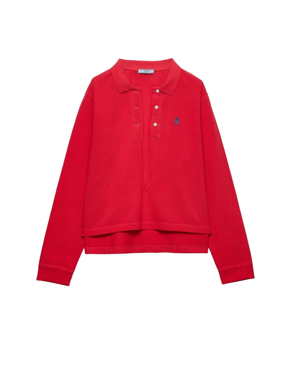Long-sleeved cotton piqué polo shirt-PRADA-307692-38-Verso