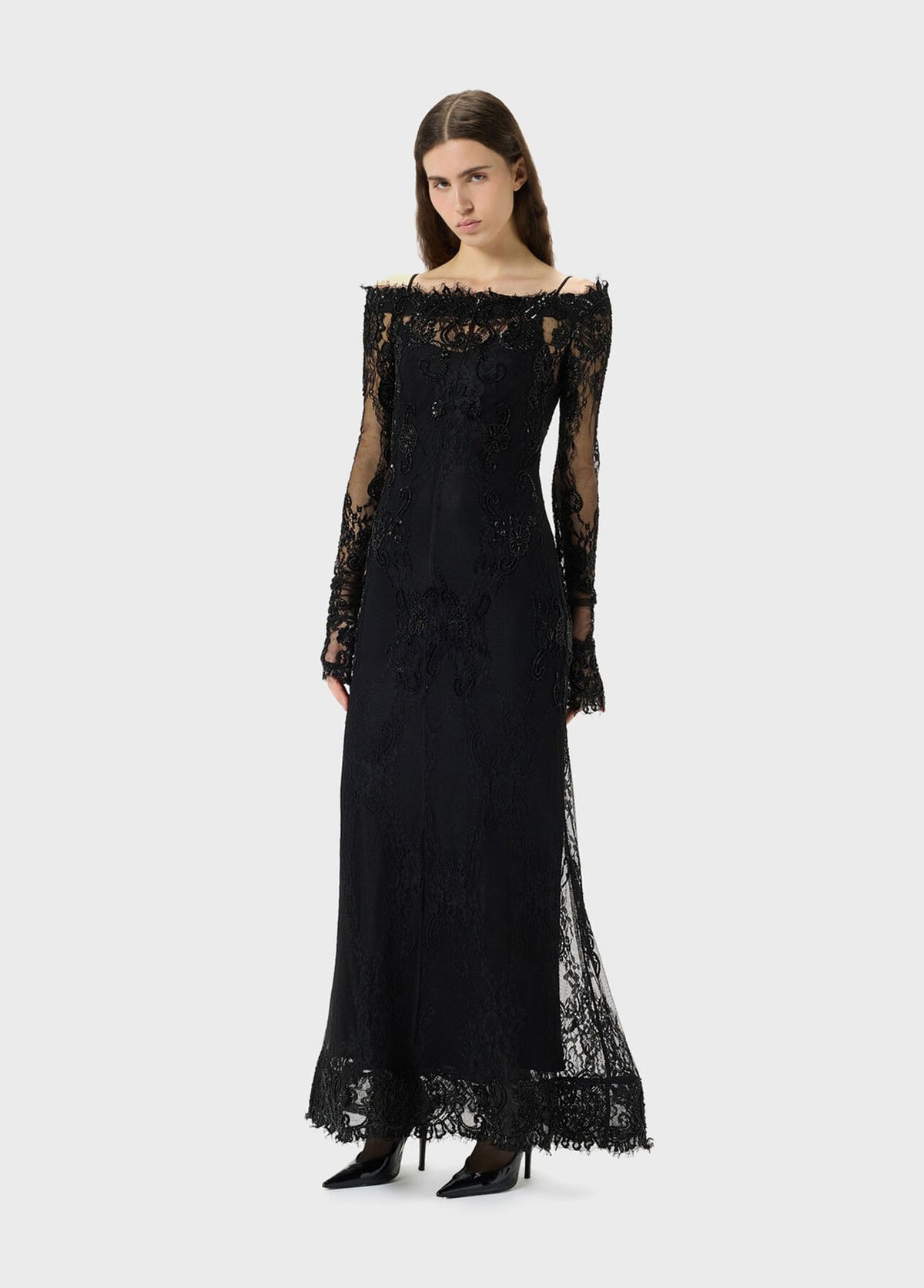 Long Stretch Lace Dress with Embroidery-BLUMARINE-Verso
