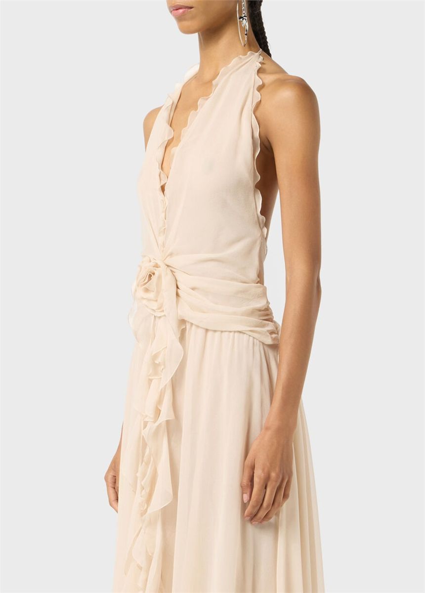 Long viscose georgette dress with rose and ruffles-BLUMARINE-Verso