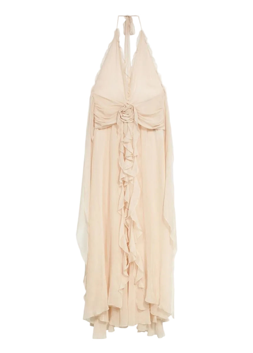 Long viscose georgette dress with rose and ruffles-BLUMARINE-Verso