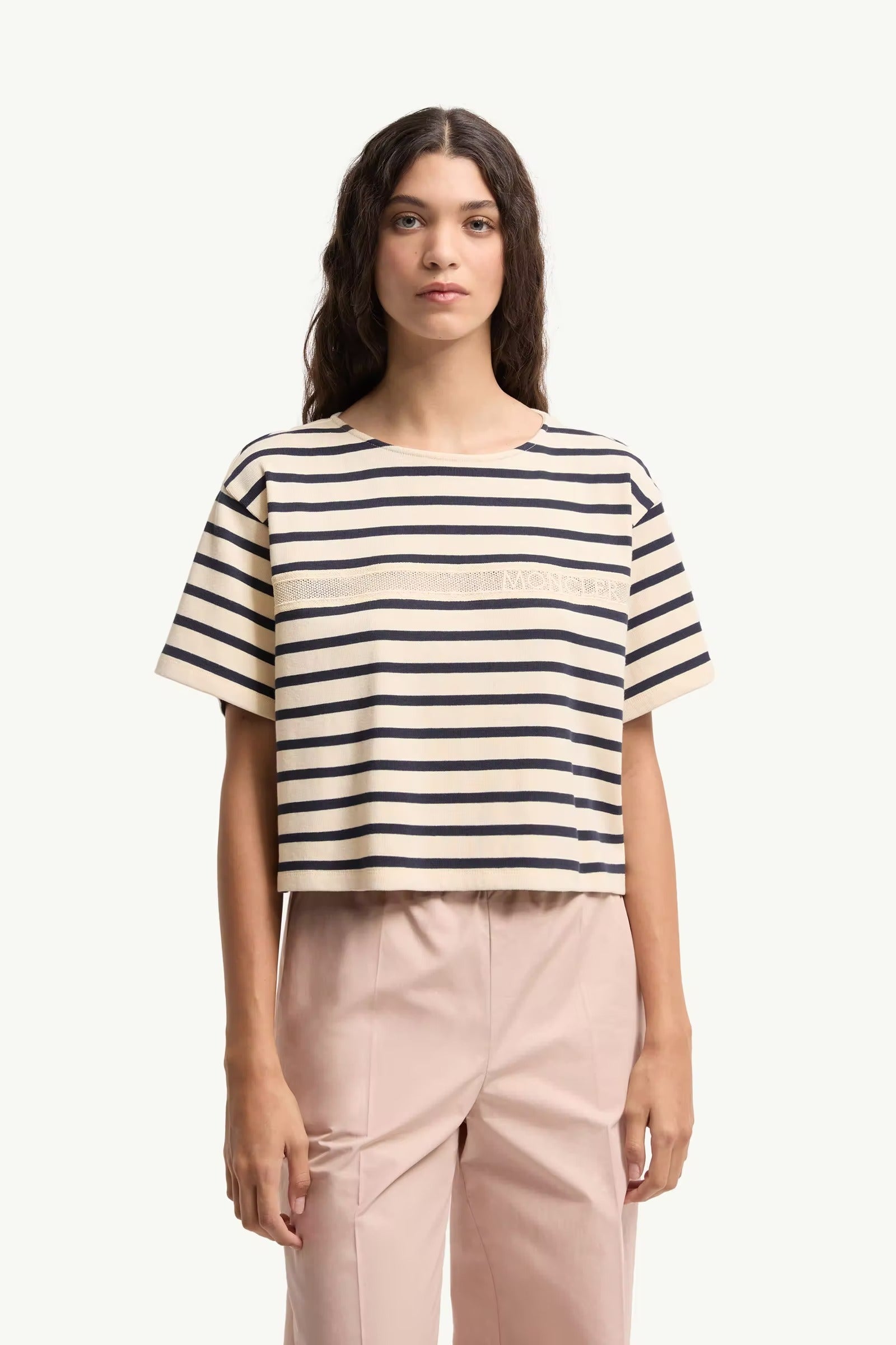 Macramé-Trimmed Striped Cotton T-Shirt-MONCLER-Verso