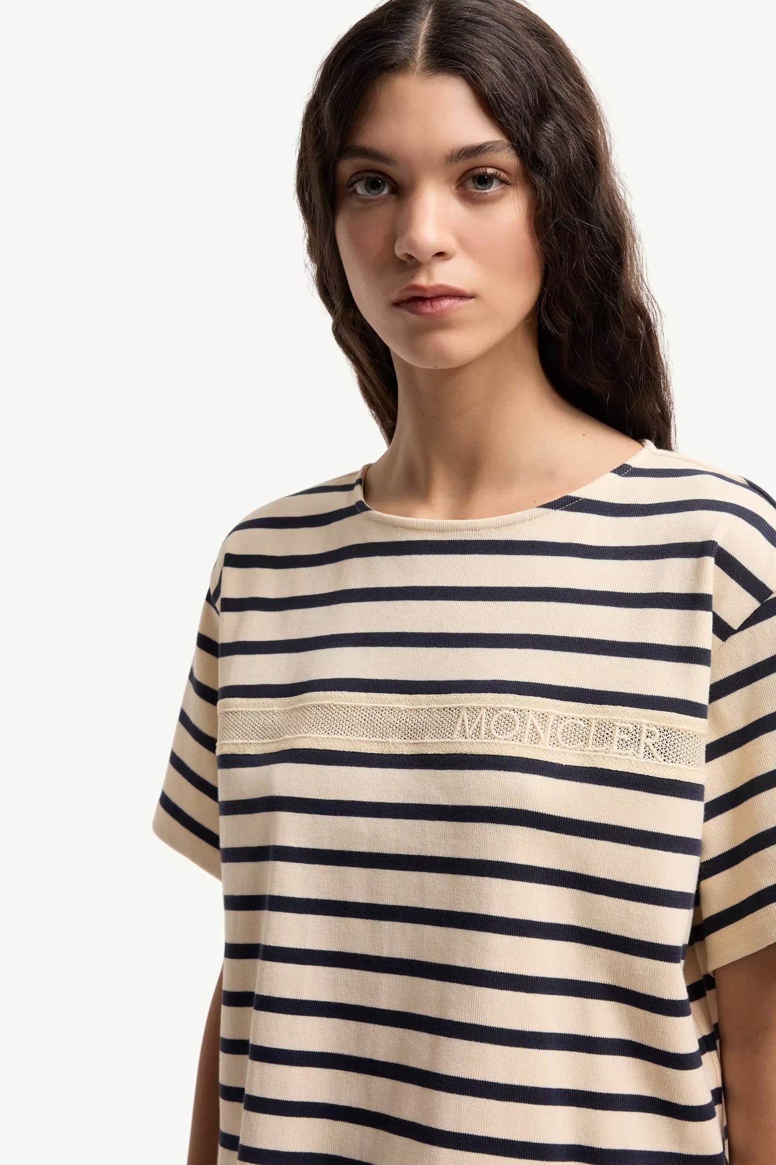 Macramé-Trimmed Striped Cotton T-Shirt-MONCLER-Verso