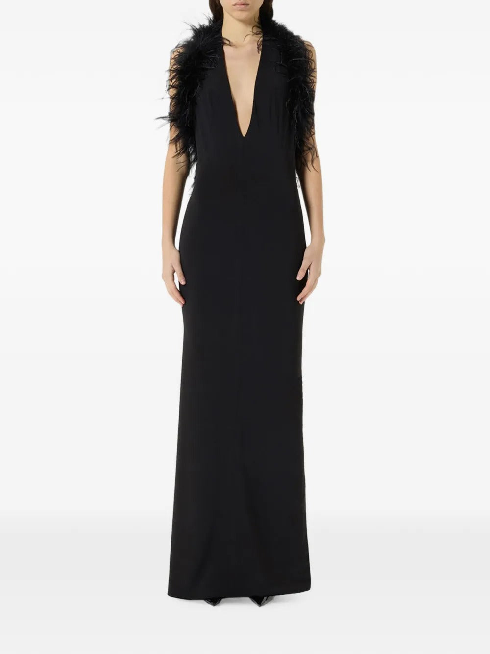 Marabou-trim plunge-neck maxi dress-BLUMARINE-Verso