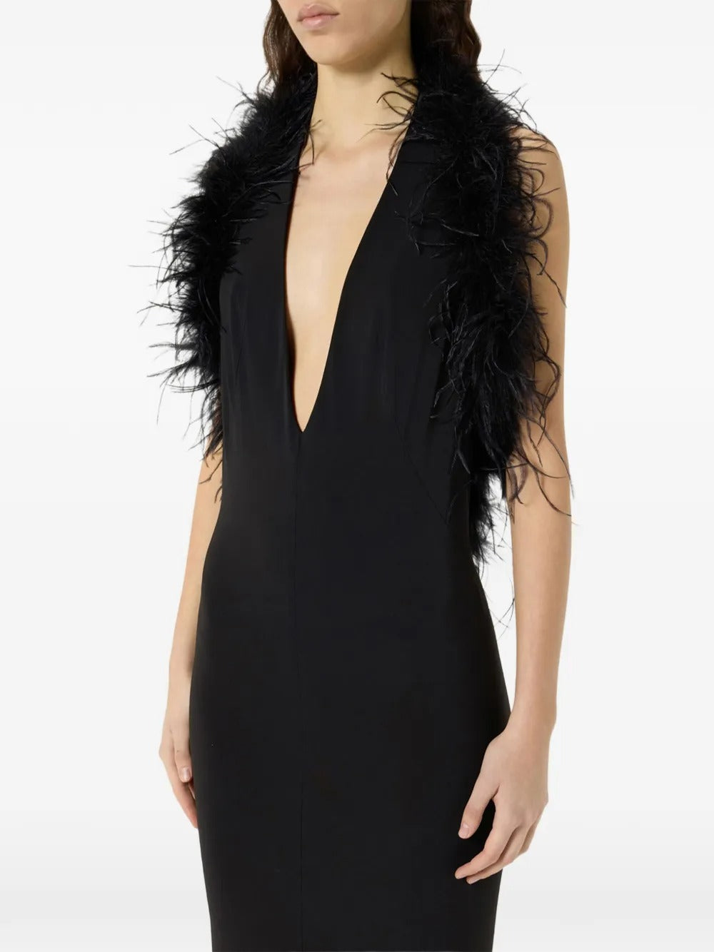 Marabou-trim plunge-neck maxi dress-BLUMARINE-Verso