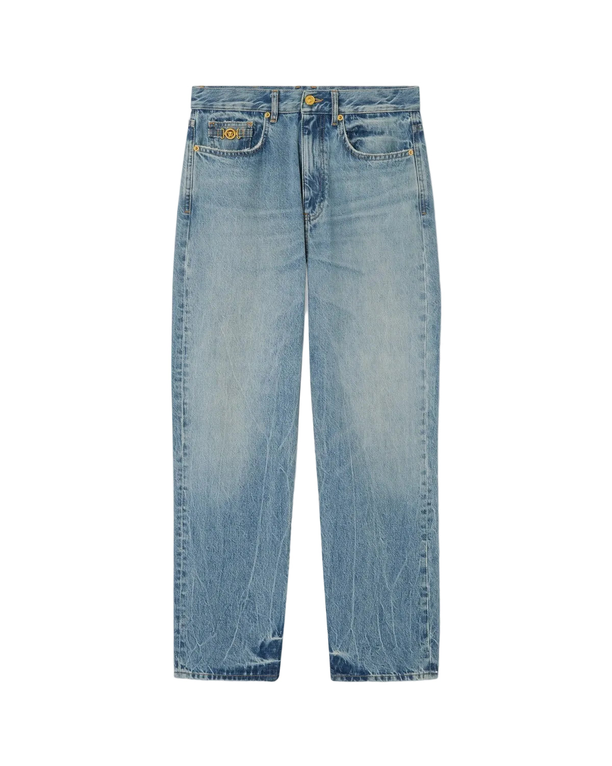 Medusa Buckle Cotton Wide-leg Jeans-VERSACE-Verso