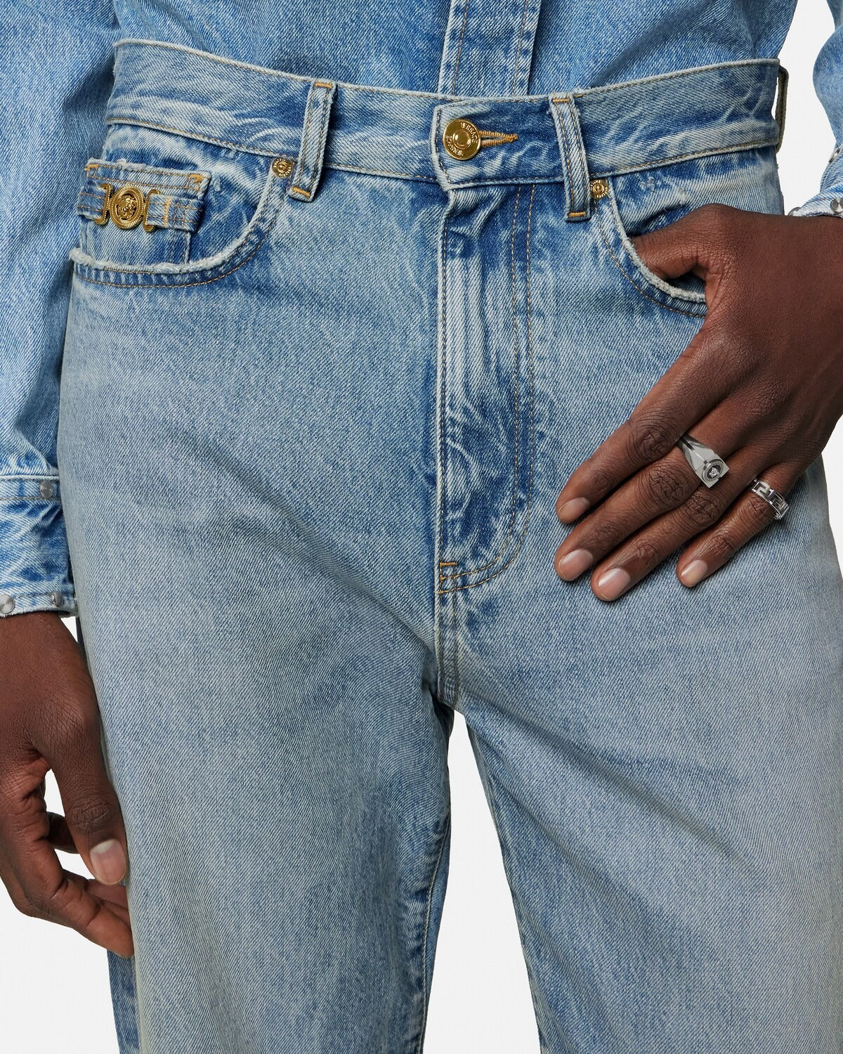 Medusa Buckle Cotton Wide-leg Jeans-VERSACE-Verso