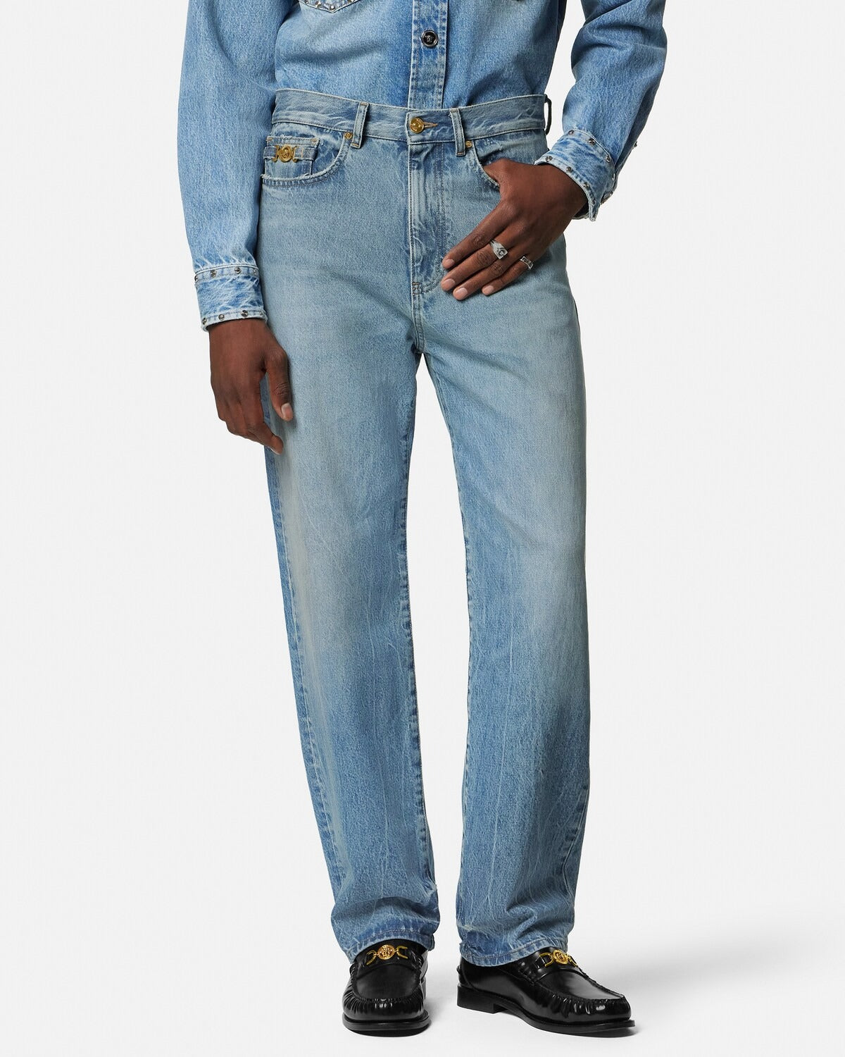 Medusa Buckle Cotton Wide-leg Jeans-VERSACE-Verso