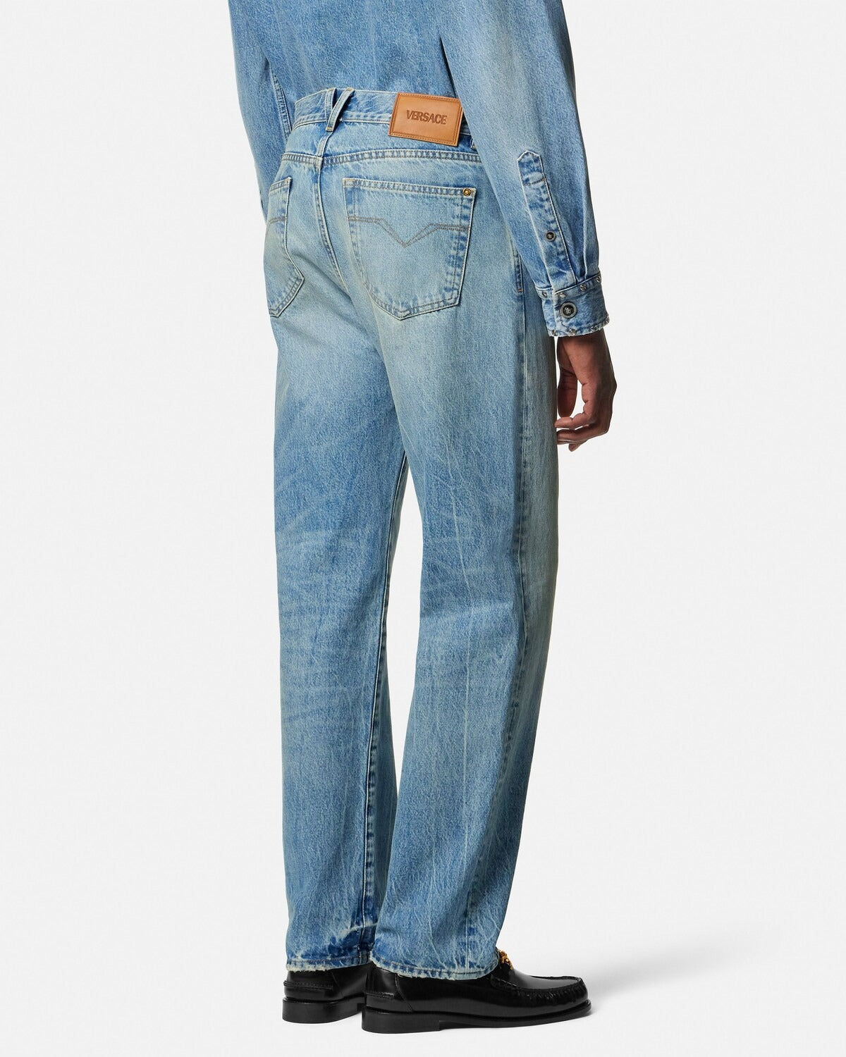Medusa Buckle Cotton Wide-leg Jeans-VERSACE-Verso