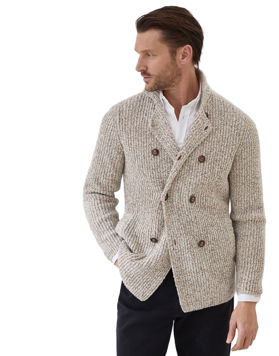 Mouliné virgin wool, silk and cashmere half english rib one-and-a-half breasted cardigan with metal buttons