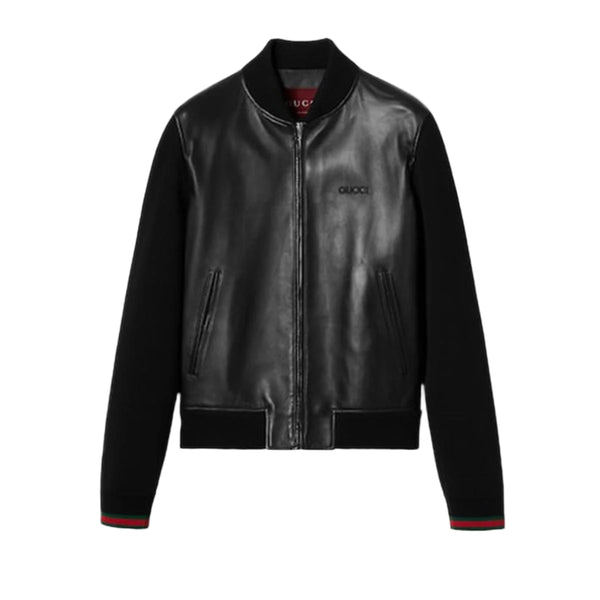 Nappa leather and knit bomber jacket
