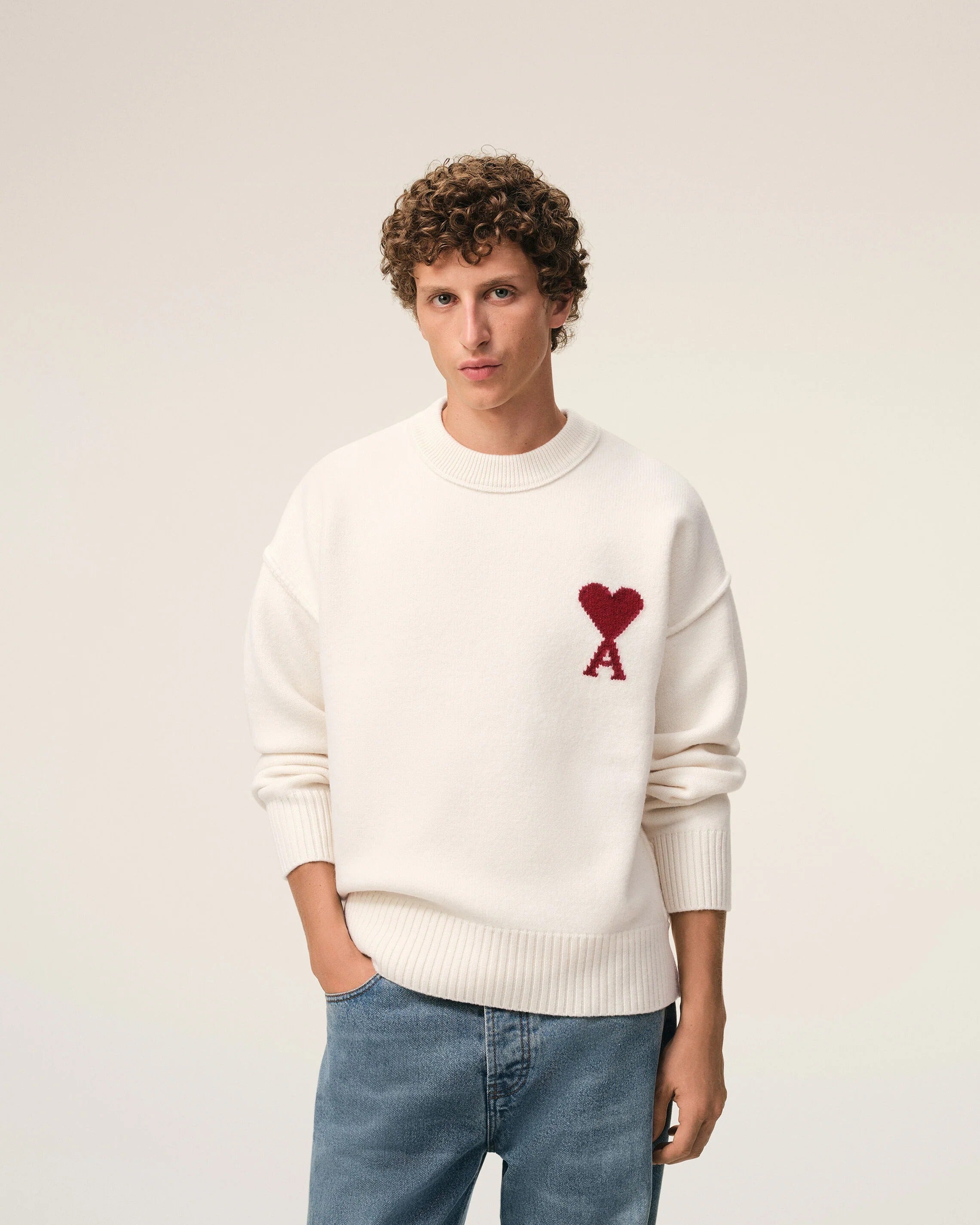 Natural crewneck wool sweater with ami de coeur-AMI-Verso