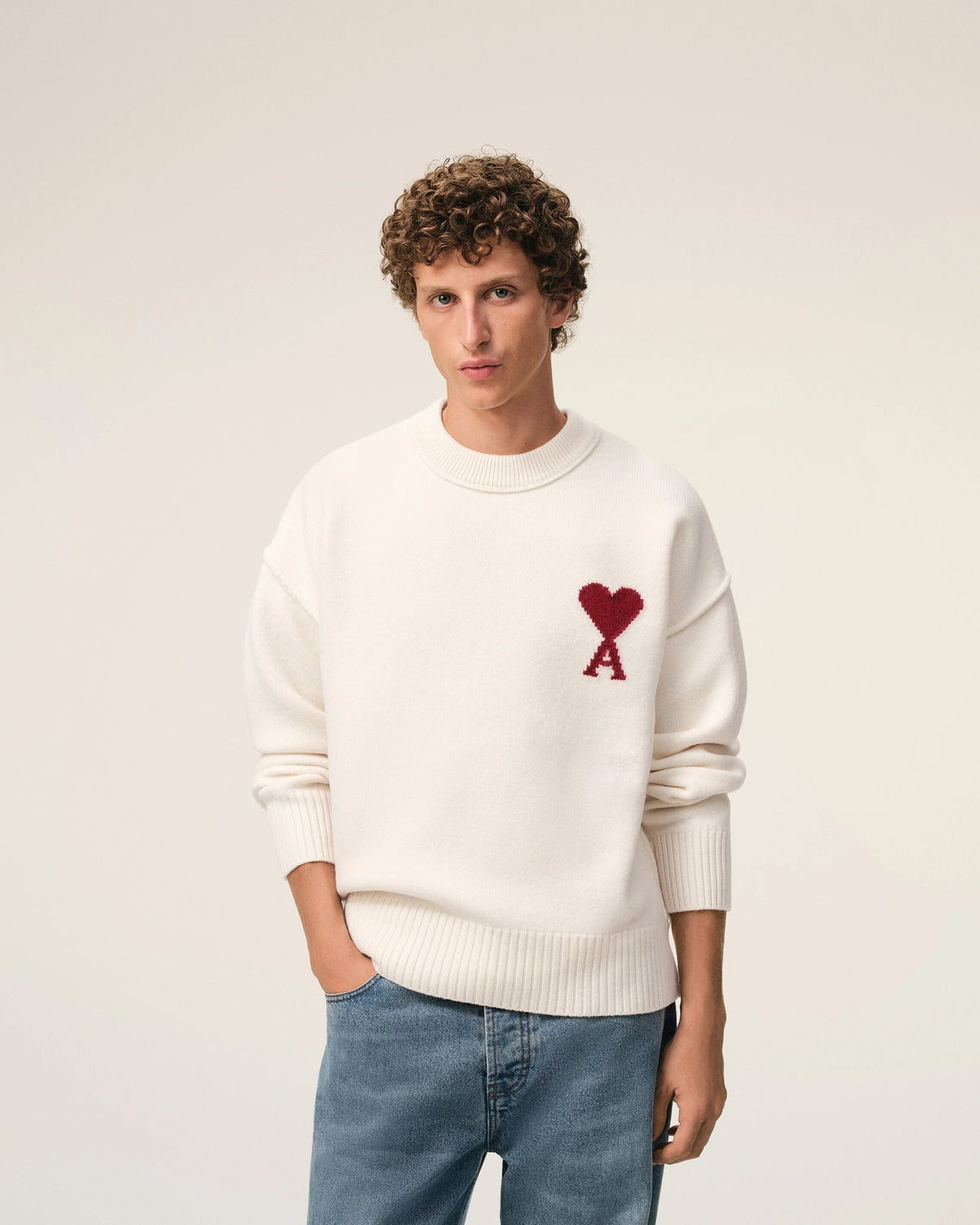 Natural crewneck wool sweater with ami de coeur-AMI-Verso