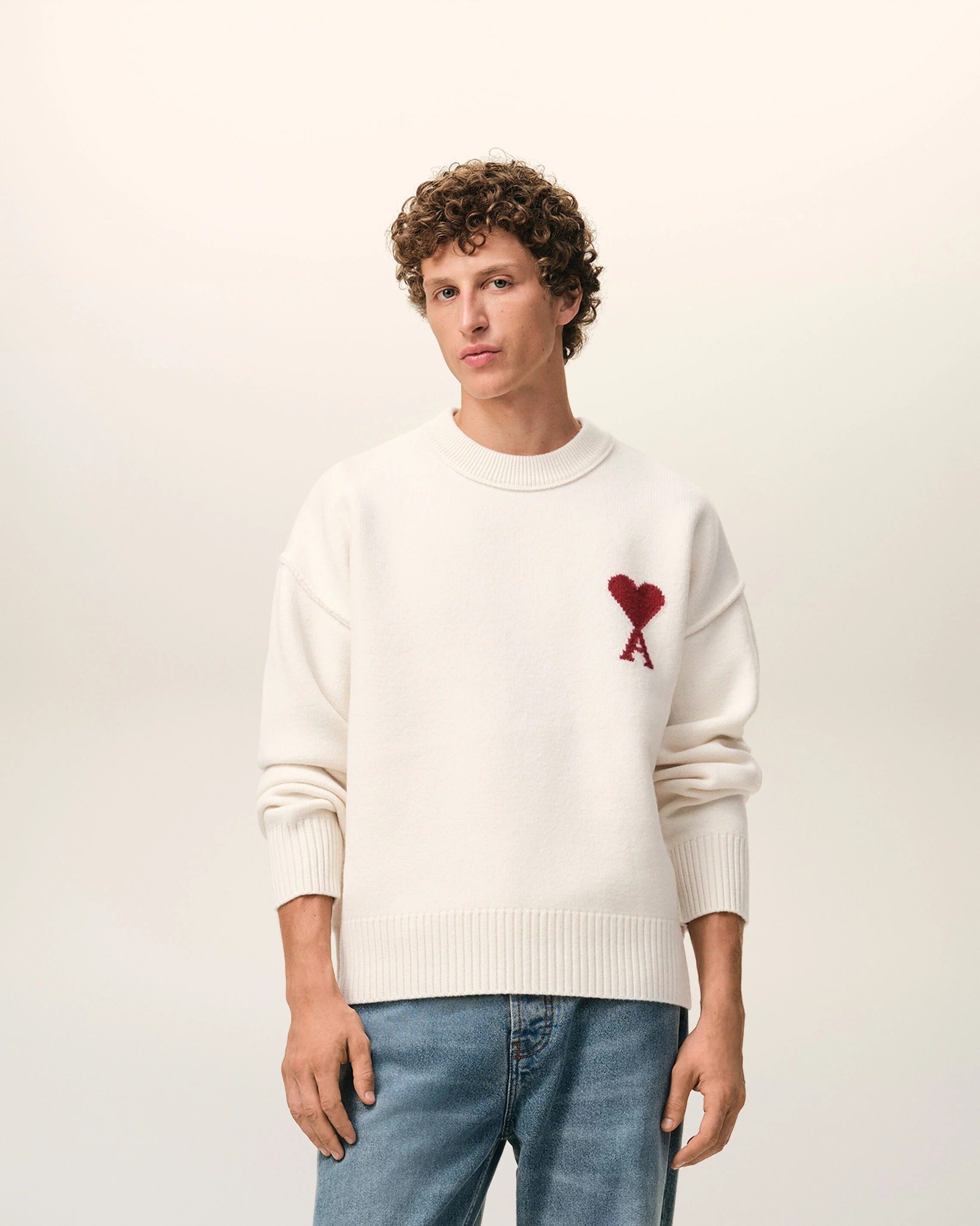 Natural crewneck wool sweater with ami de coeur-AMI-Verso