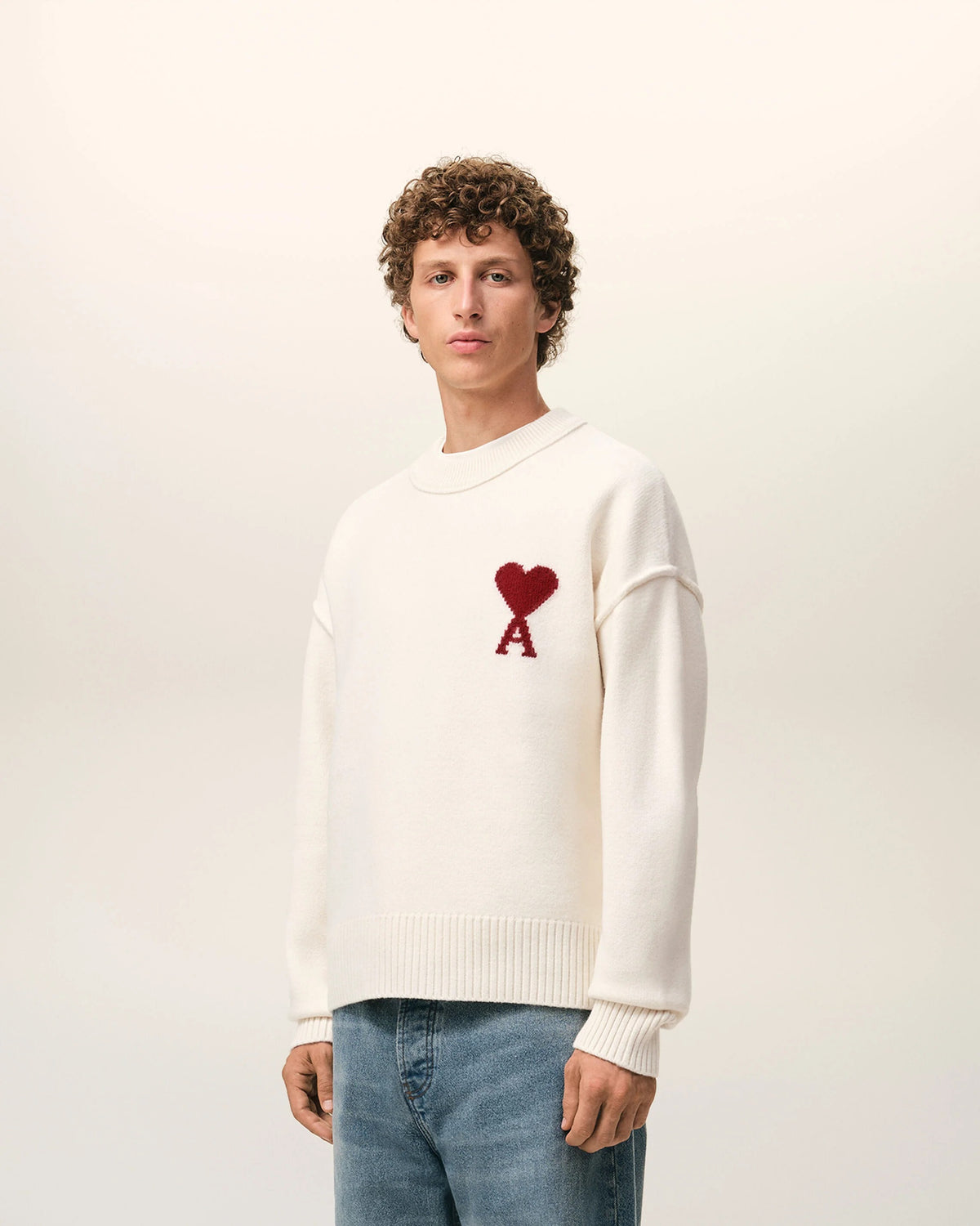 Natural crewneck wool sweater with ami de coeur-AMI-Verso