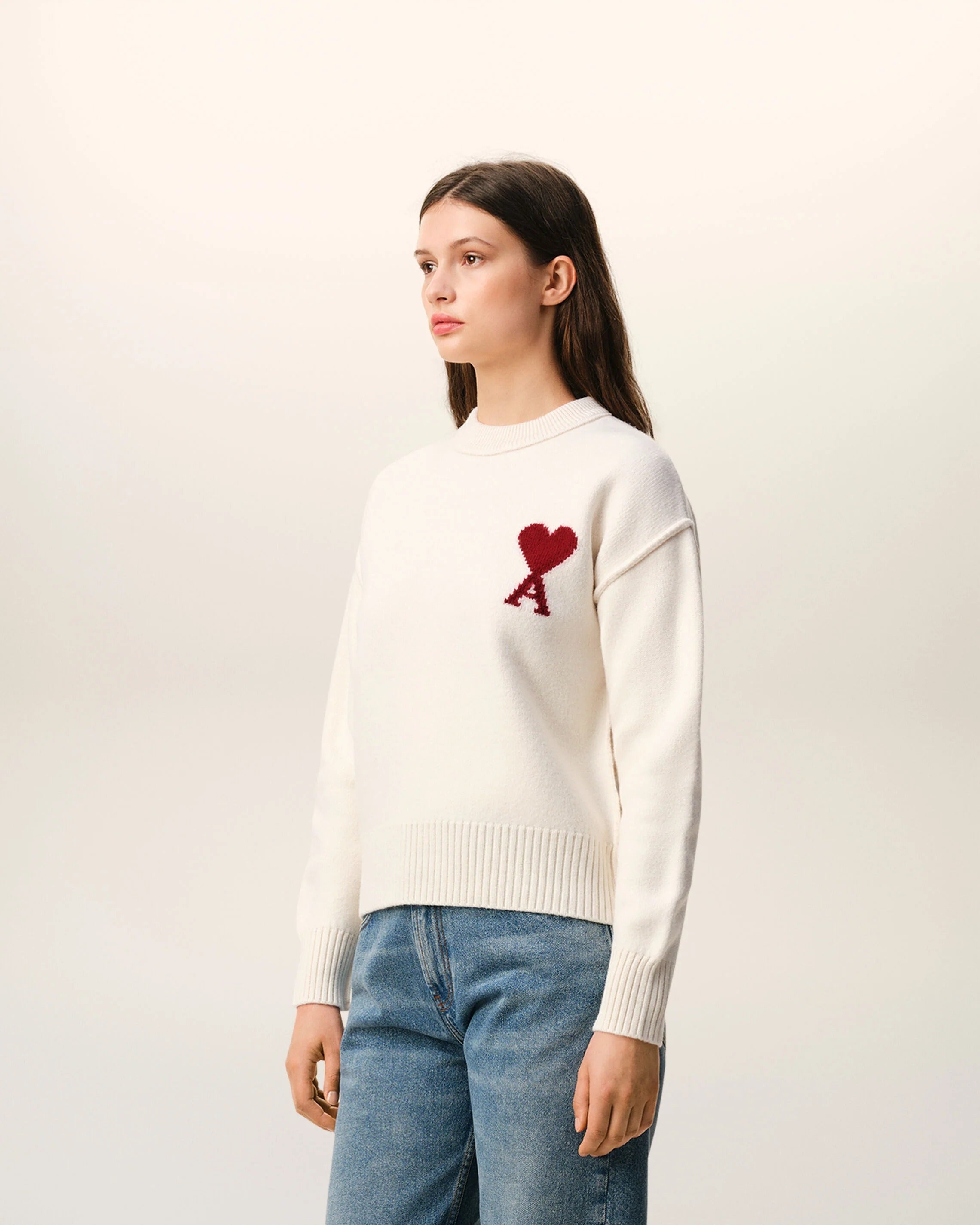 Natural crewneck wool sweater with ami de coeur-AMI-Verso
