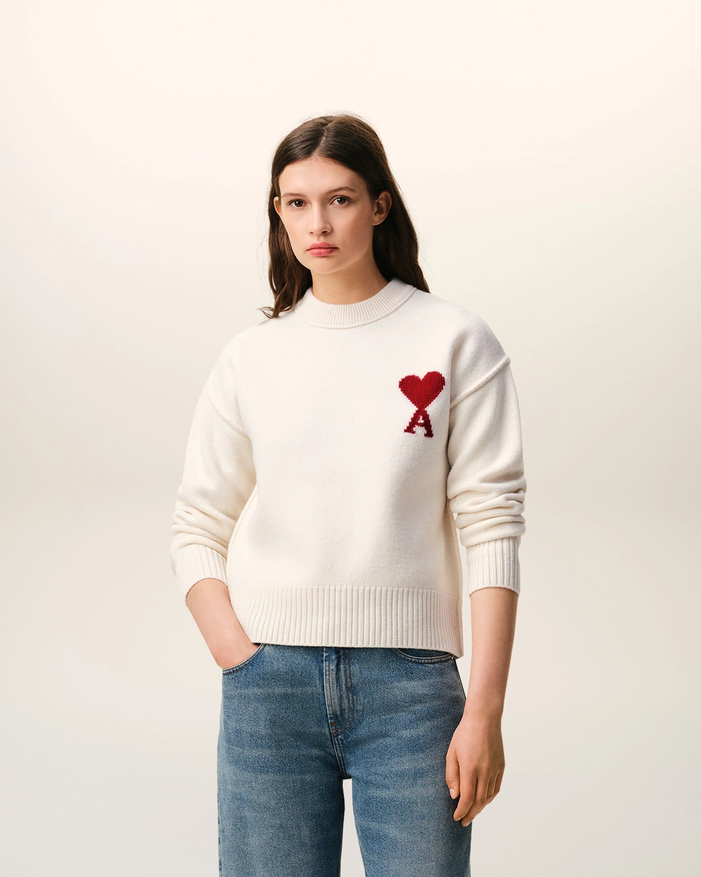 Natural crewneck wool sweater with ami de coeur-AMI-Verso