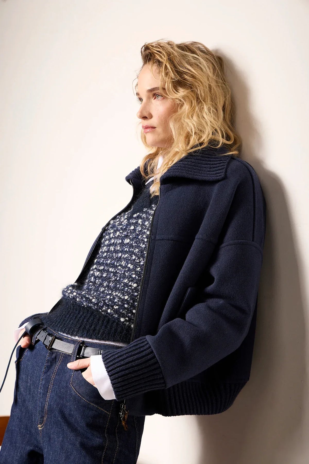 Navy blue cashmere-blend bomber jacket-DEXTERIOR-Verso