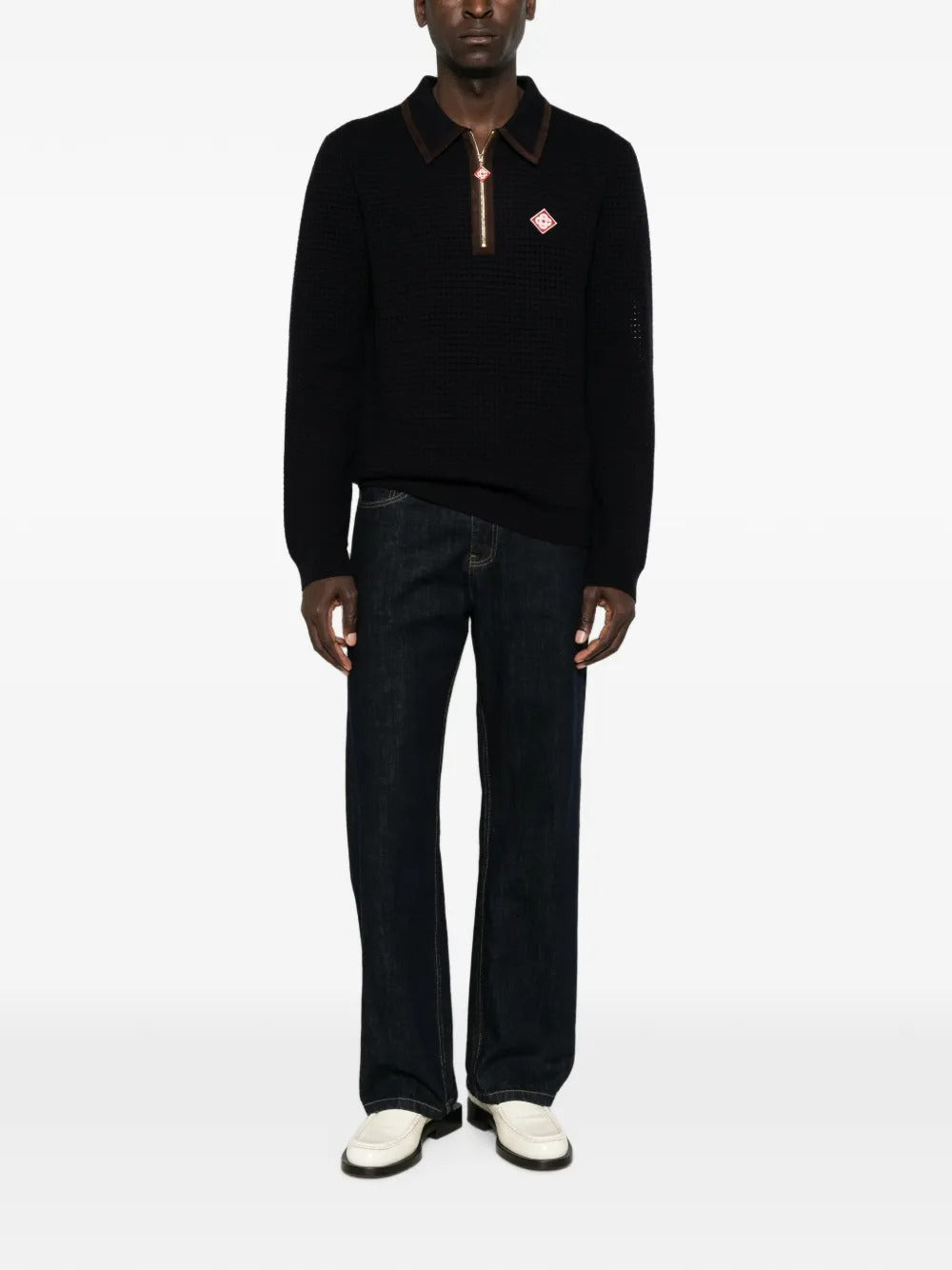 Navy wool waffle stitch long-sleeve polo shirt-CASABLANCA-Verso