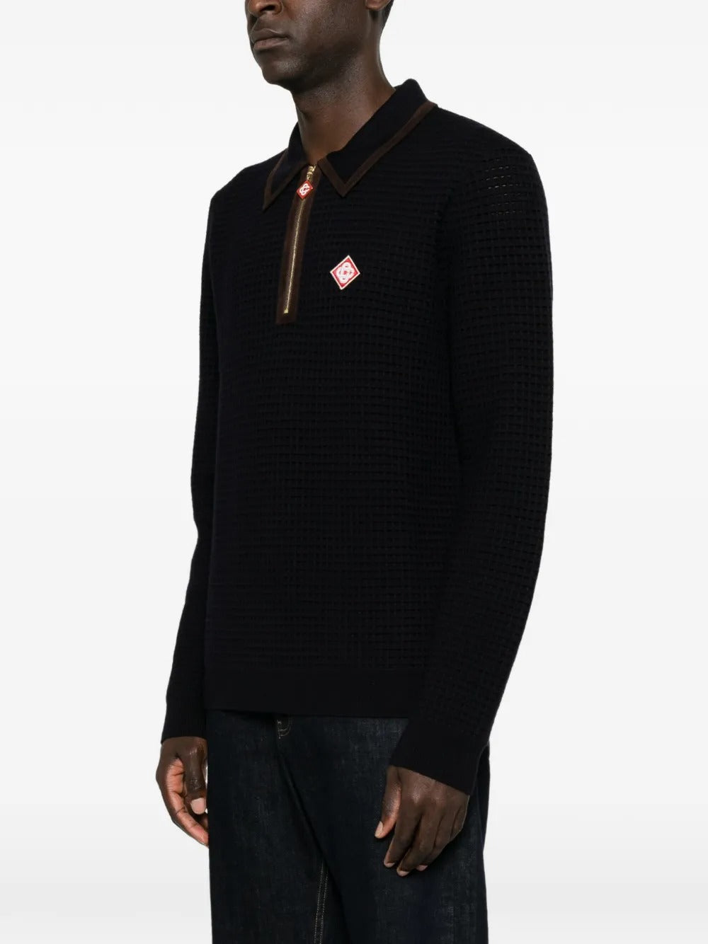 Navy wool waffle stitch long-sleeve polo shirt-CASABLANCA-Verso