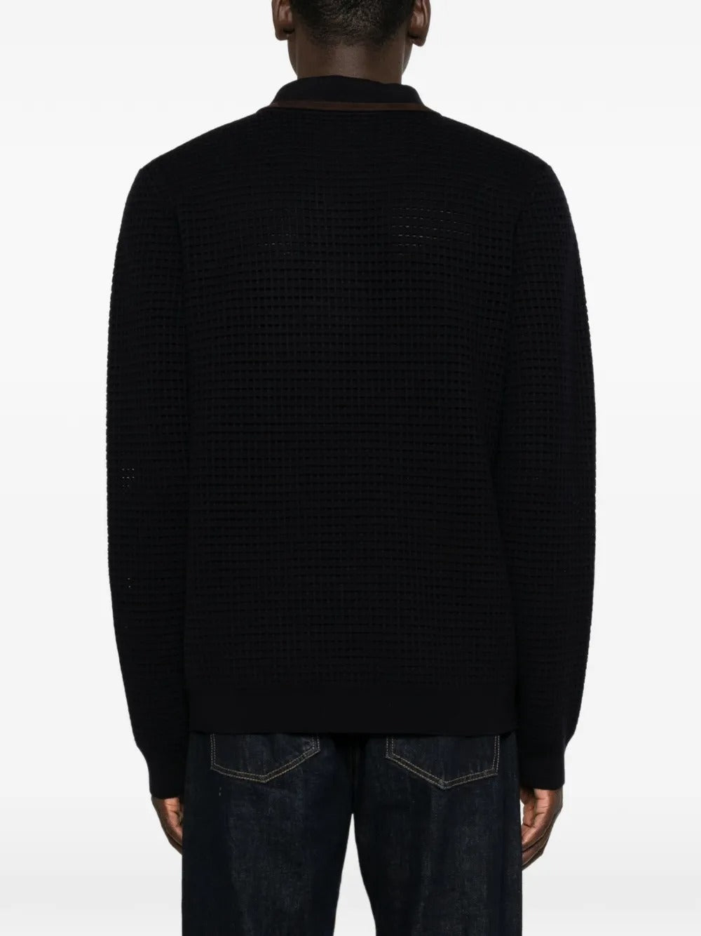 Navy wool waffle stitch long-sleeve polo shirt-CASABLANCA-Verso
