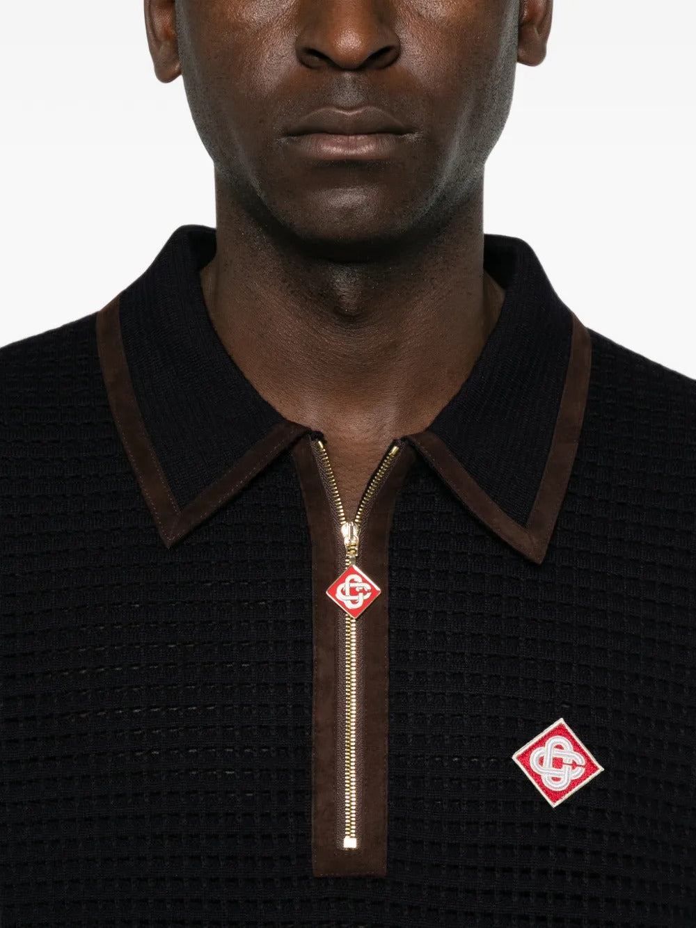 Navy wool waffle stitch long-sleeve polo shirt-CASABLANCA-Verso