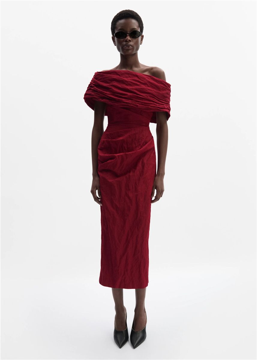Off-Shoulder Draped Midi Dress in Red-MAGDA BUTRYM-Verso
