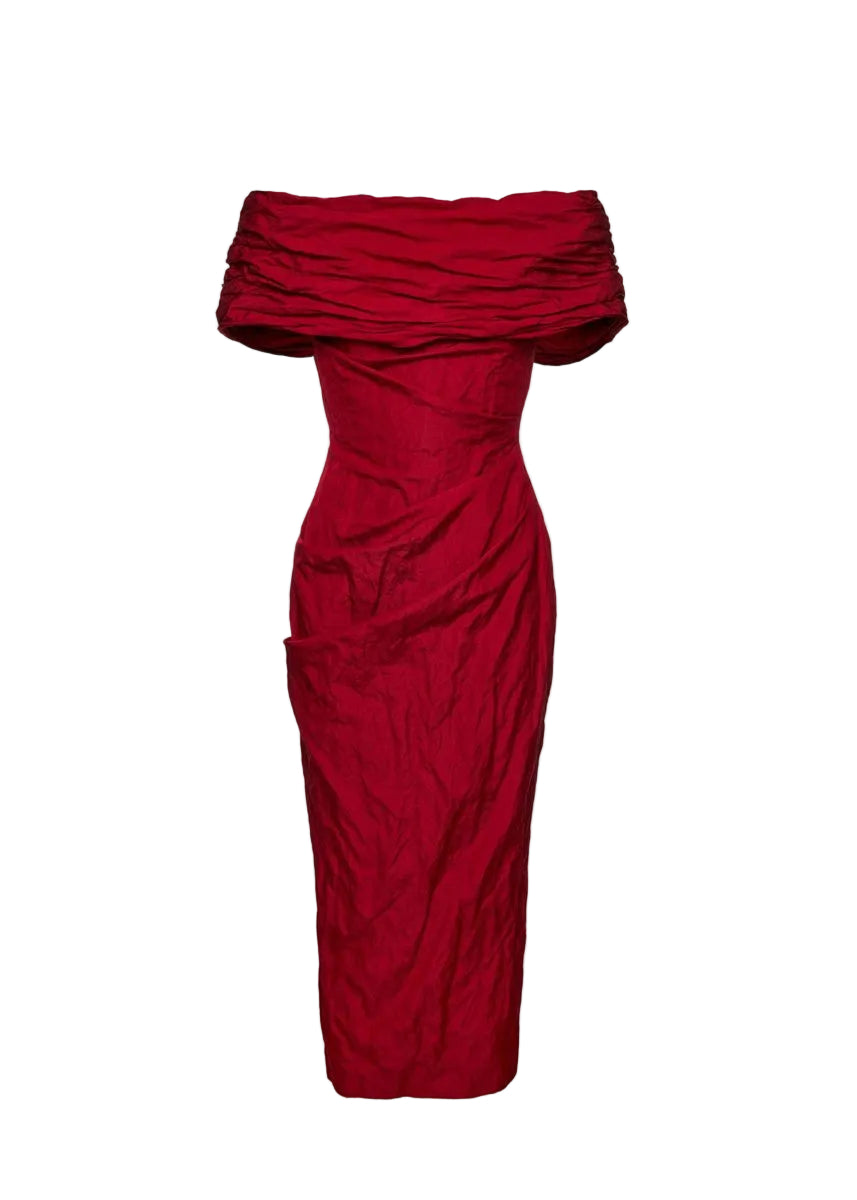 Off-Shoulder Draped Midi Dress in Red-MAGDA BUTRYM-308204-36-Verso